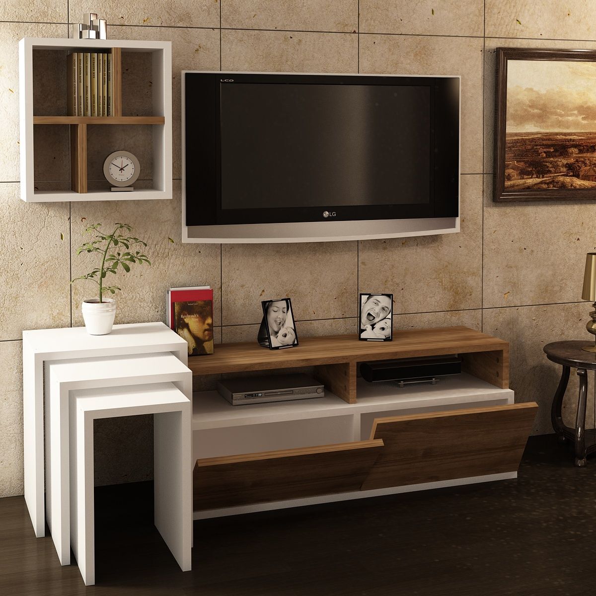 alphamoebel Wohnwand Weiß-Walnuss Missy " 1905