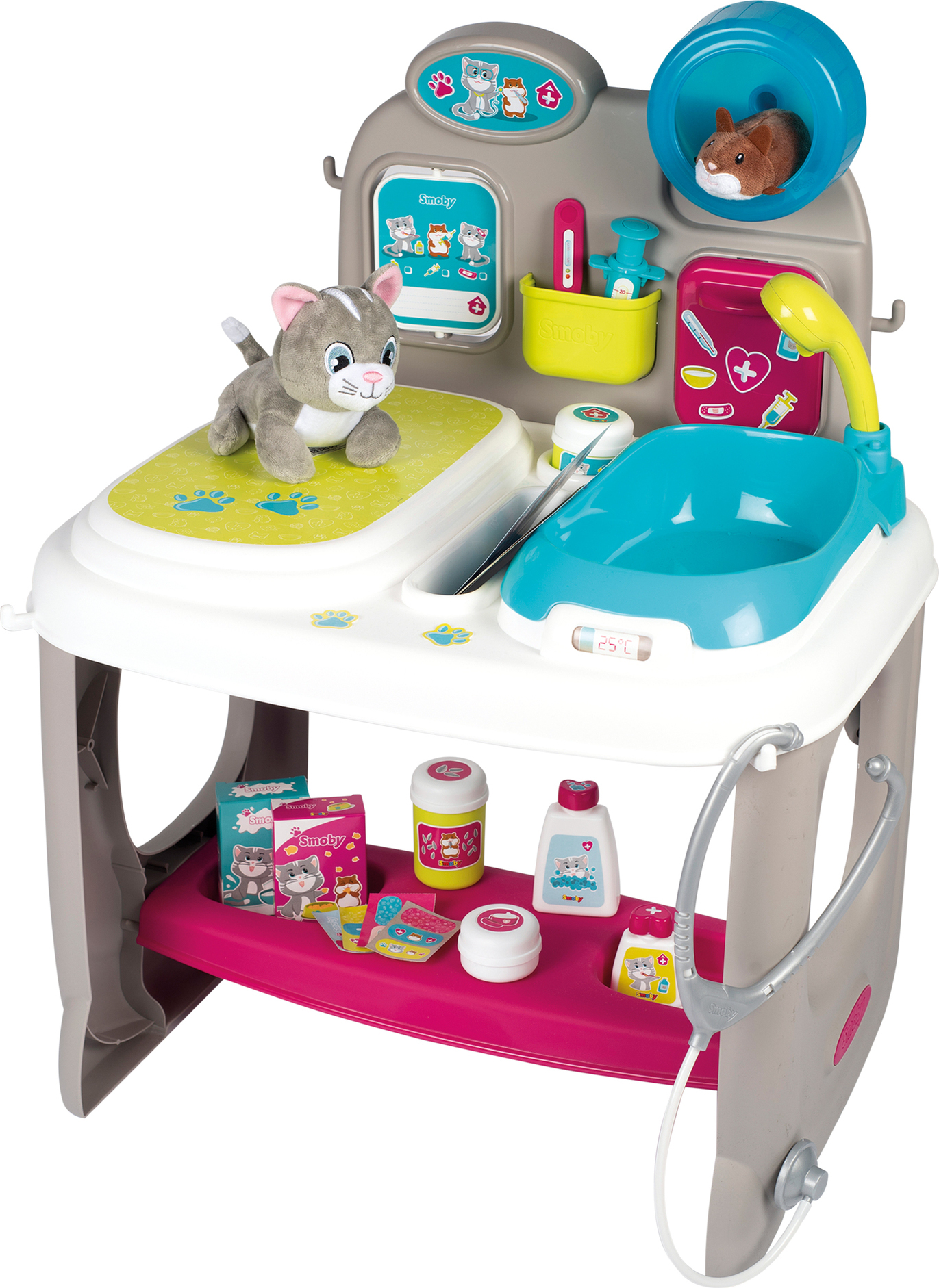 Smoby Tierarzt Klinik Spielset – Untersuchungstisch, Waschbereich Mit Dusche, 18 Zubehörteile, Plüschkatze & Hamster, Inkl. Gesundheitsheft, Ab 3 Jahren, Französische Qualität