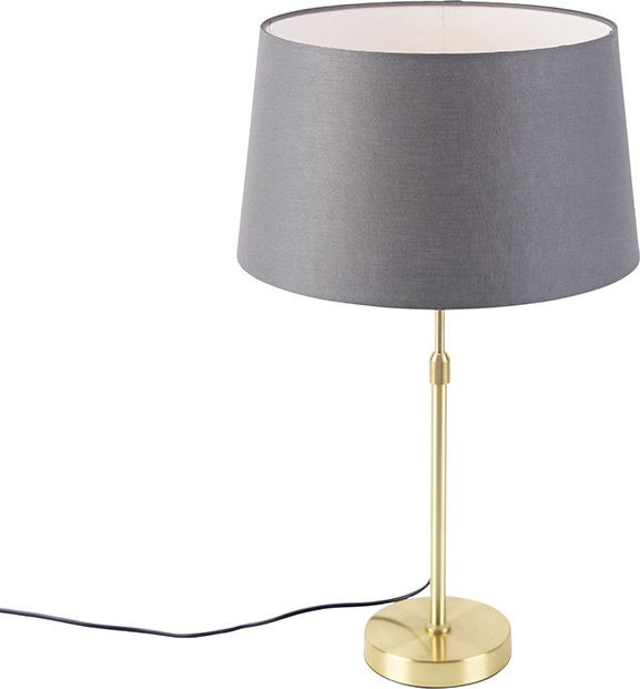 QAZQA - Landhaus I Vintage I Rustikal Tischlampe Gold I Messing I Messing mit Leinenschirm grau 35 cm - Parte I Wohnzimmer I Schlafzimmer I Nachttischleuchte - Textil Zylinder I Länglich I Rund - LED 98540