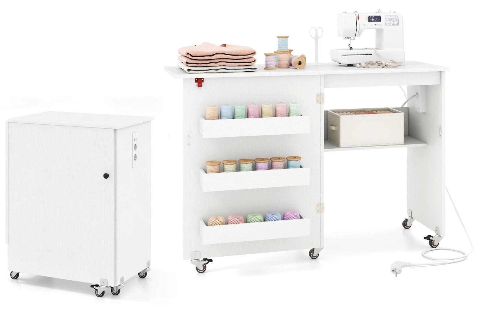 KOMFOTTEU Klappbarer Näh-Tisch mit Ladestation, 3 versteckten Fächern, mobiler Näh-Schrank, 3 feststellbare Rollen, Schrank für Nähmaschine, für Zuhause, Atelier, Bastelraum (Weiß)