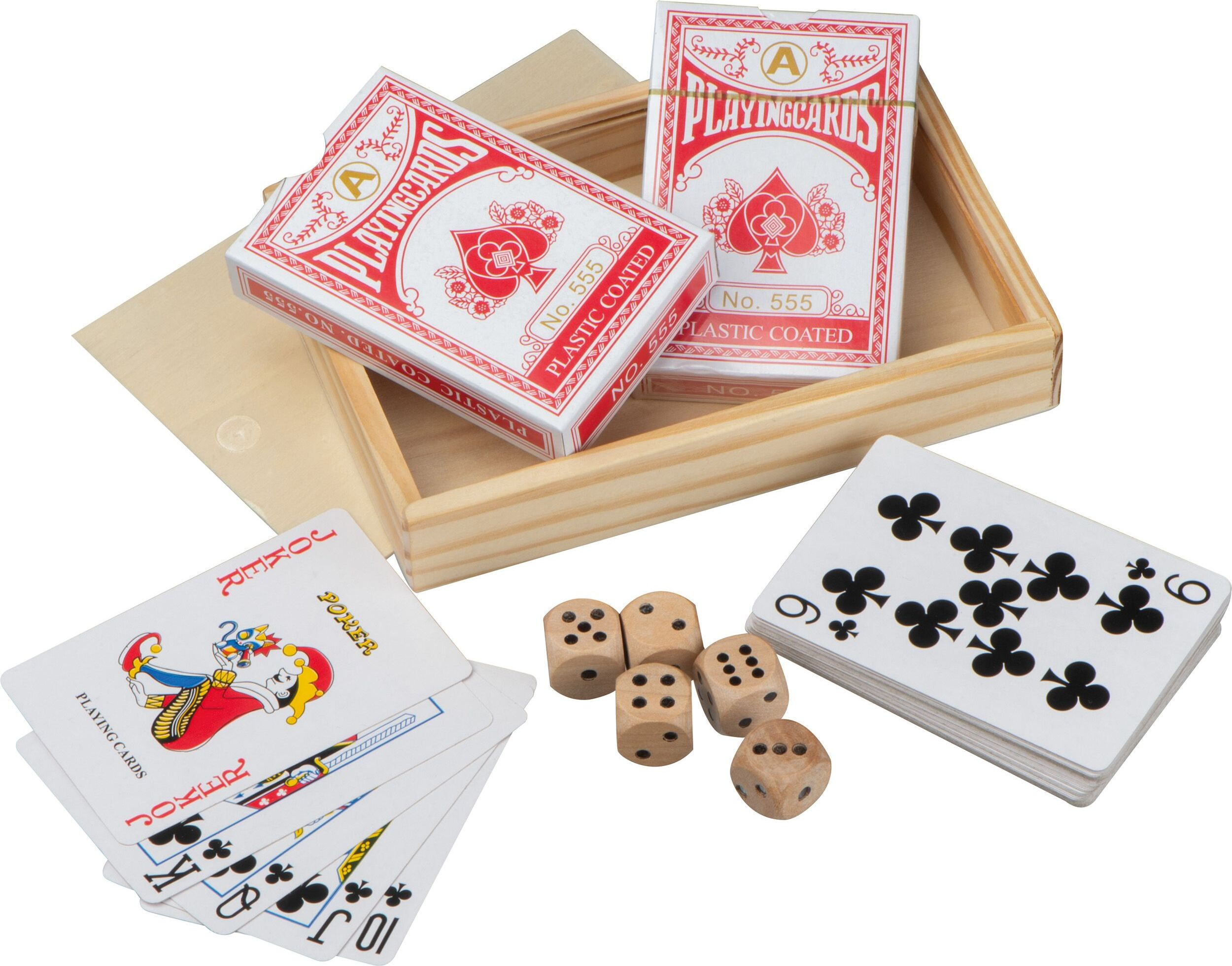 MACMA Spielkartenset mit 2 Pokerkartensets (52 Blatt + Joker) und 5 Holzwürfeln