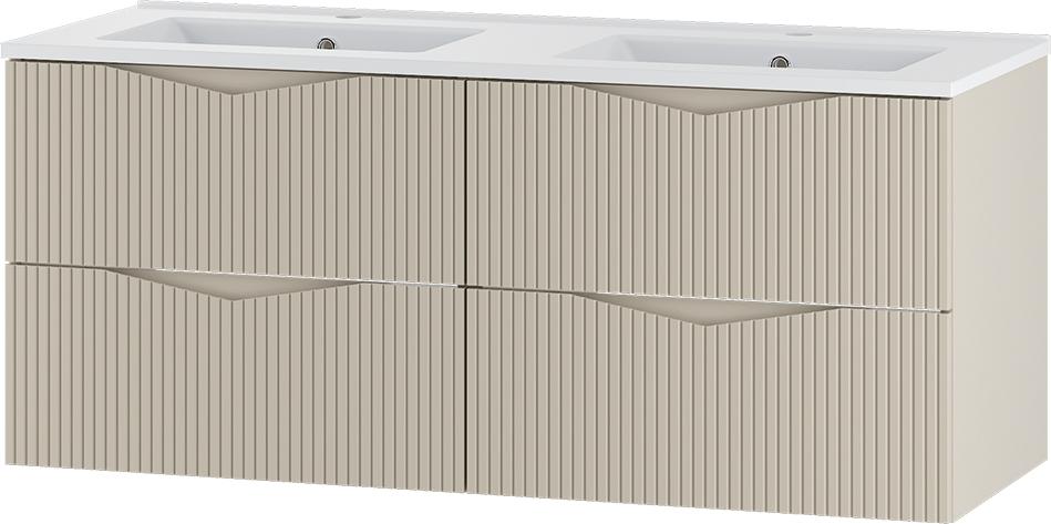 Badezimmer Doppelwaschtisch mit 120 cm Breite in beige mit gerillter Front, 4 Schubladen - CALURI-140