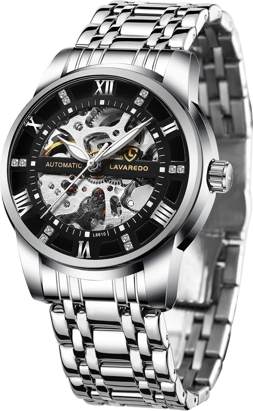 Automatické hodinky pánske skeleton sklo späť rímske číslice diamantový ciferník mechanické náramkové hodinky s náramkom z nehrdzavejúcej ocele