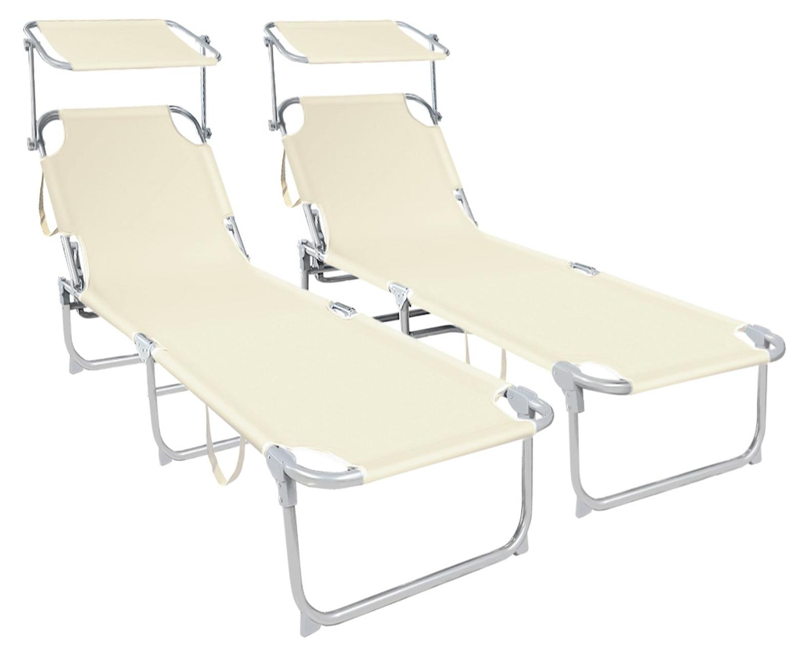 VOUNOT® 2er Set Sonnenliege mit Dach, 190 x 58 x 27 cm Beige