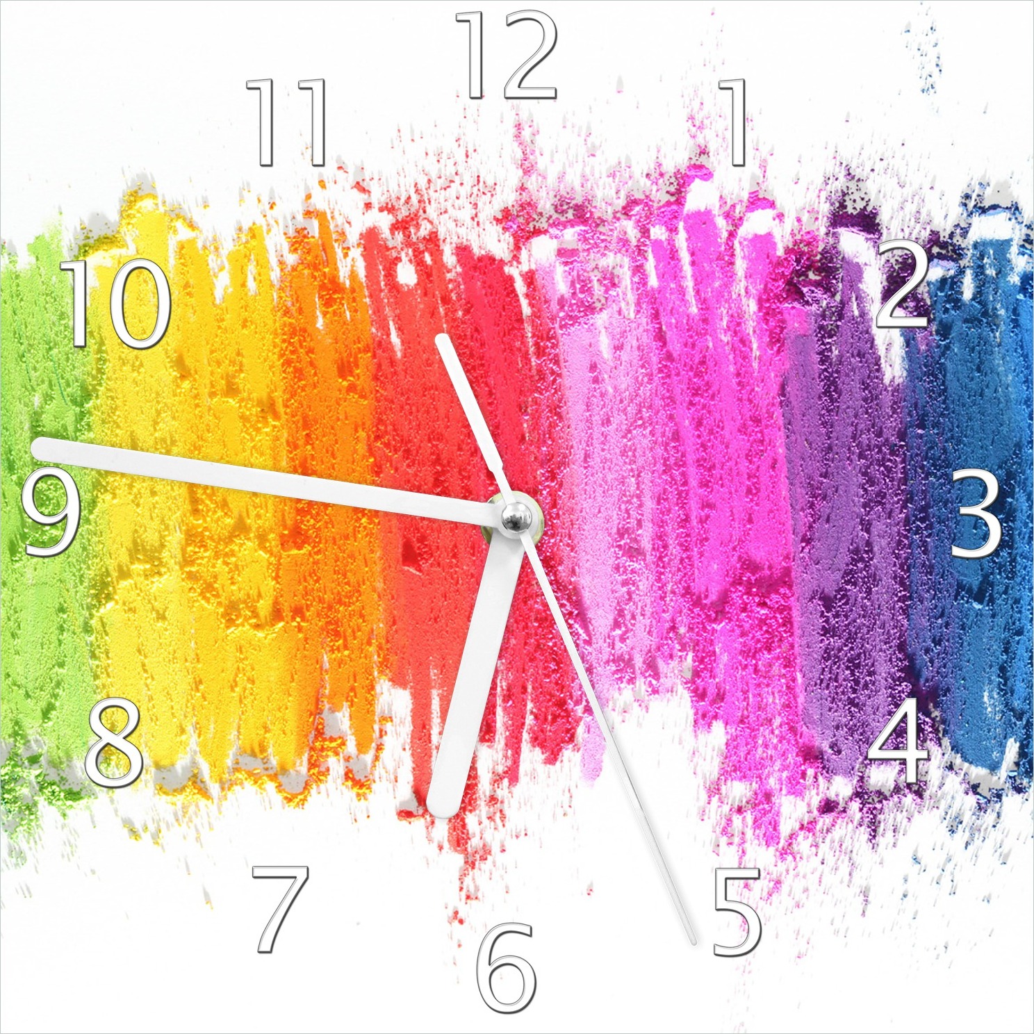 Wallario Design Wanduhr Regenbogenstreifen auf weißem Hintergrund - Bunter Anstrich aus Echtglas, Größe 20 x 20 cm guk0107-2020
