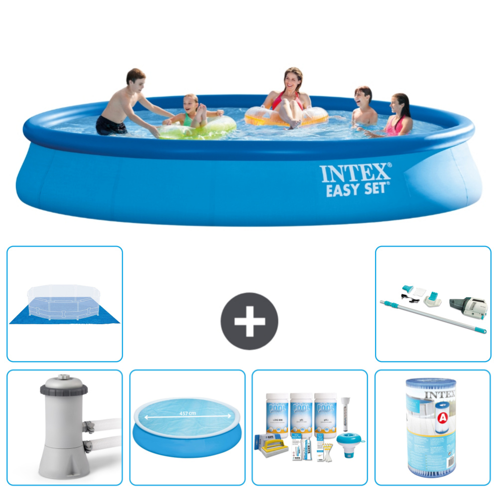 Okrúhly nafukovací bazén Intex Easy Set - 457 x 84 cm - modrý - vrátane markízy s čerpadlom - balík na údržbu - filter - podložka - vysávač