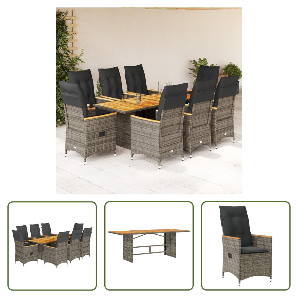 The Living Store 9-dielny záhradný jedálenský set s vankúšmi sivý polyratan