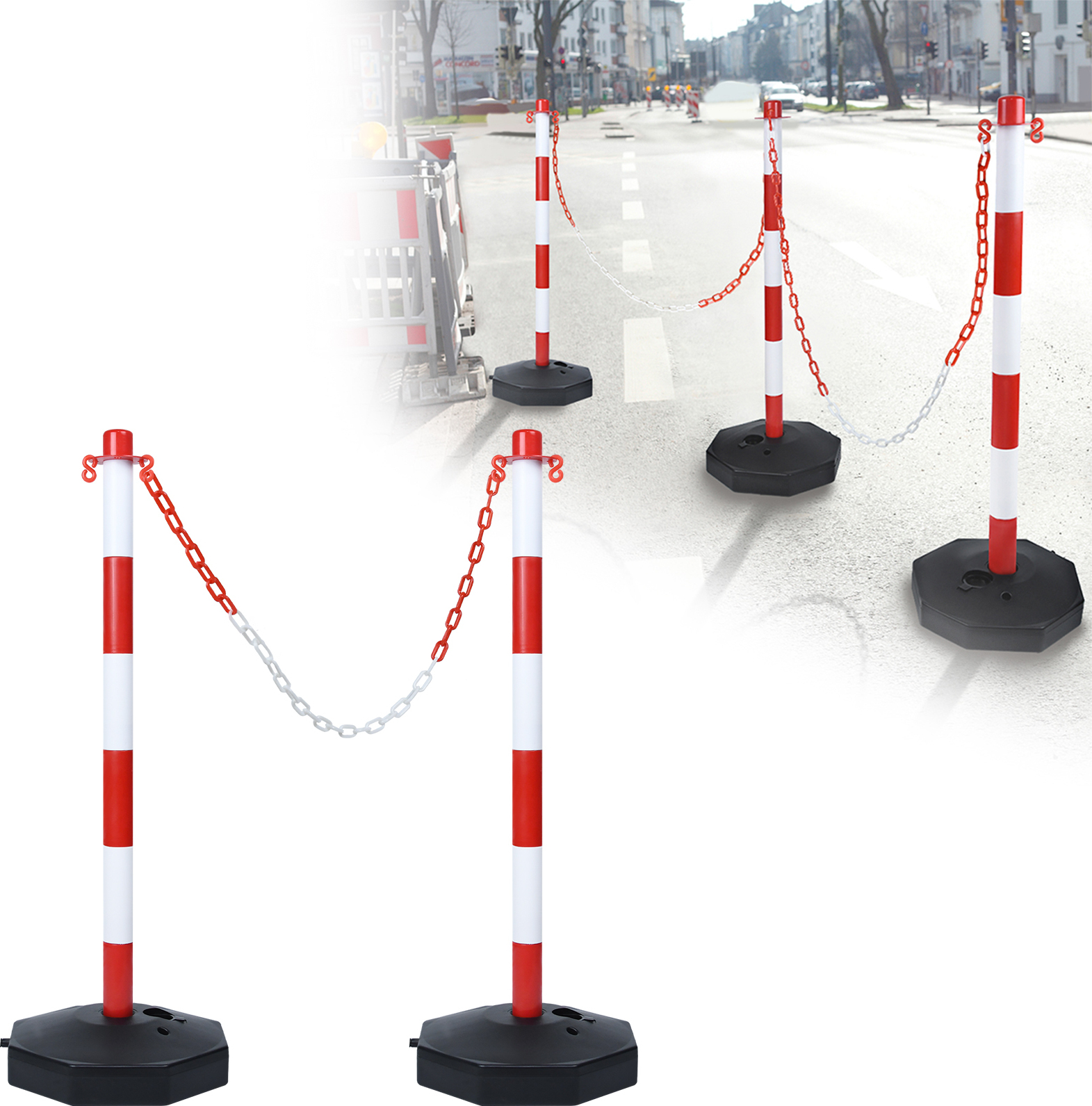 YUENFONG 2 Stück Absperrpfosten 82x28x28 cm,Kunststoff, mit 1,4 m Absperrketten, für Verkehrskontrolle oder Warnung