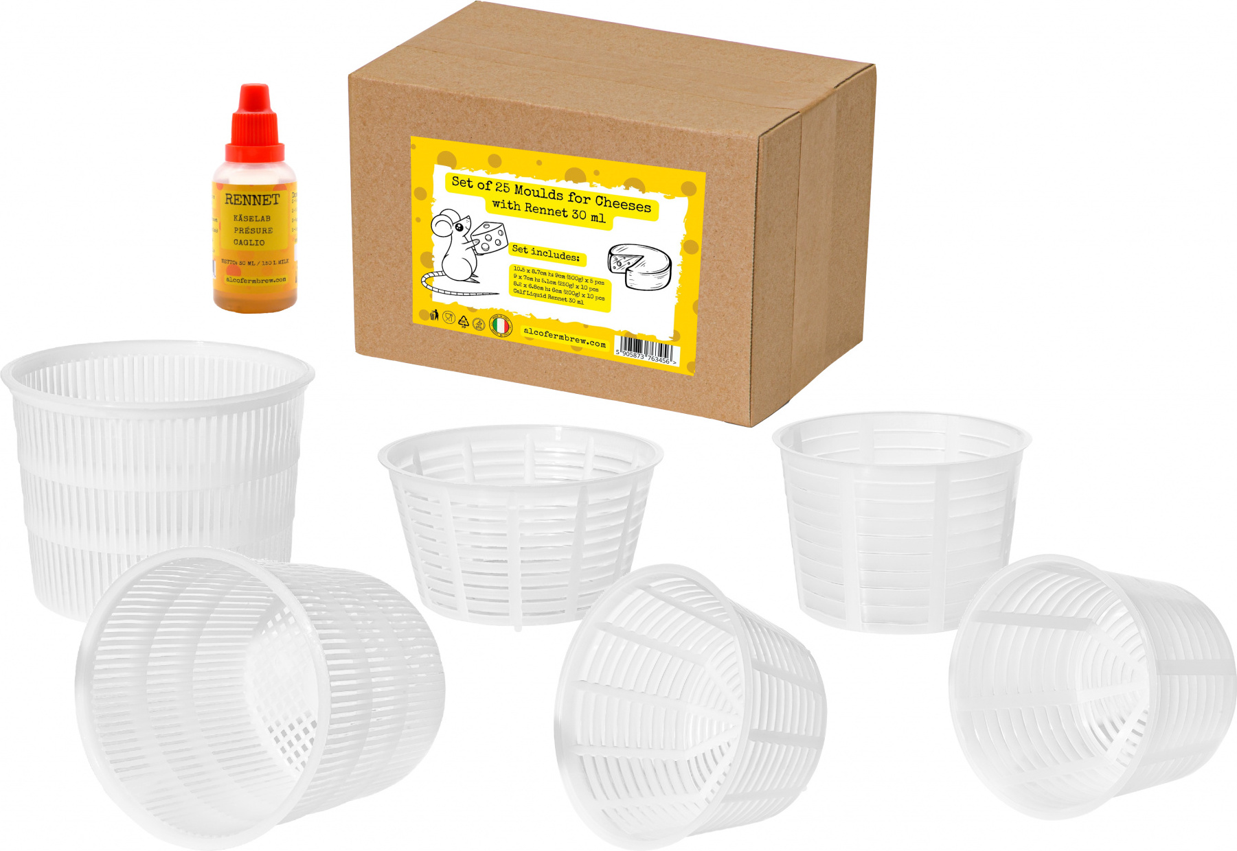 Alcofermbrew Käseformen Set inkl. 25 Stk. + Käselab 30ml Ricotta-Käseformen | Käseform aus Kunststoff für Weichkäse | Lab