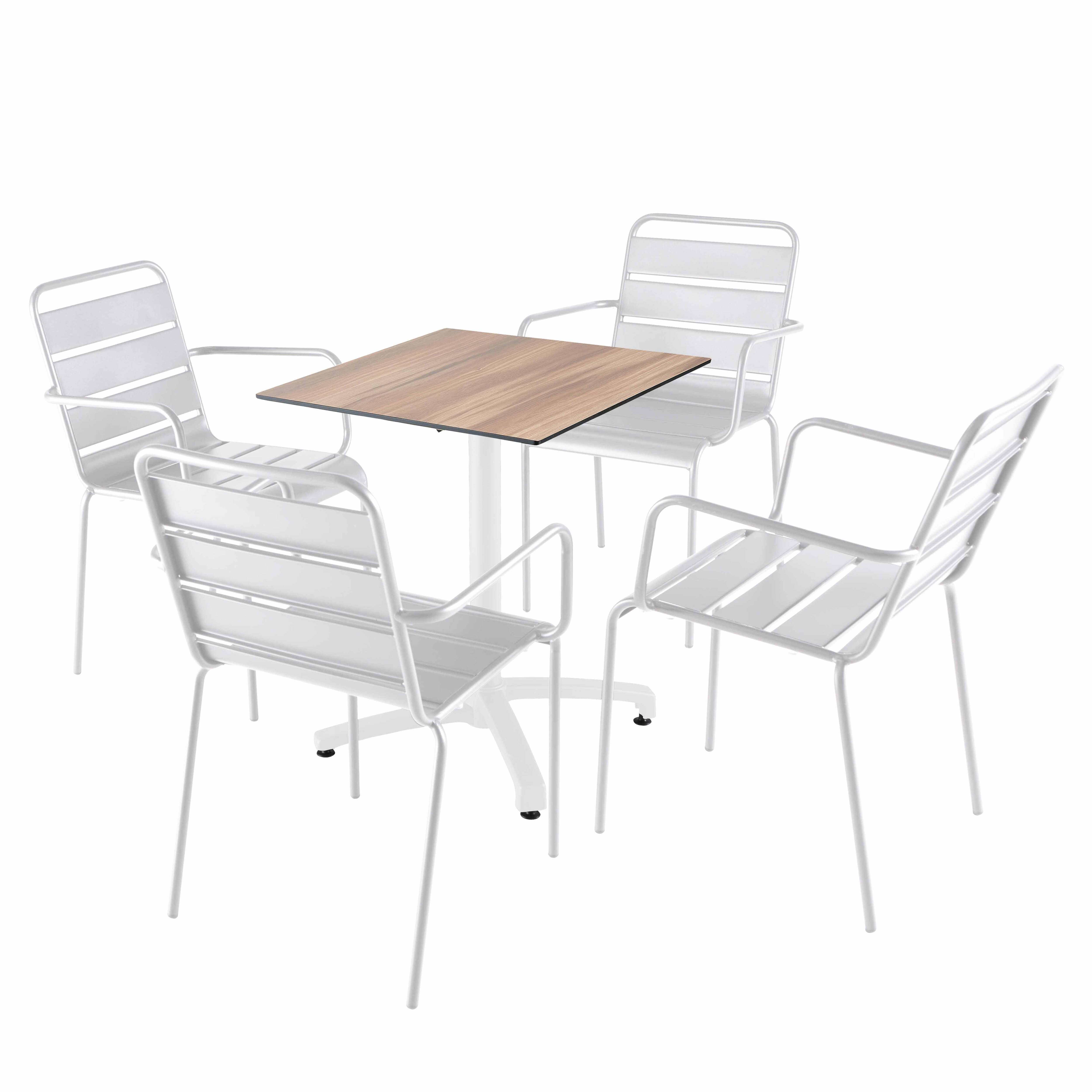 Tisch 60x60 cm neigbar dunkle Eiche und 4 weiße Metallstühle - Oviala Opéra