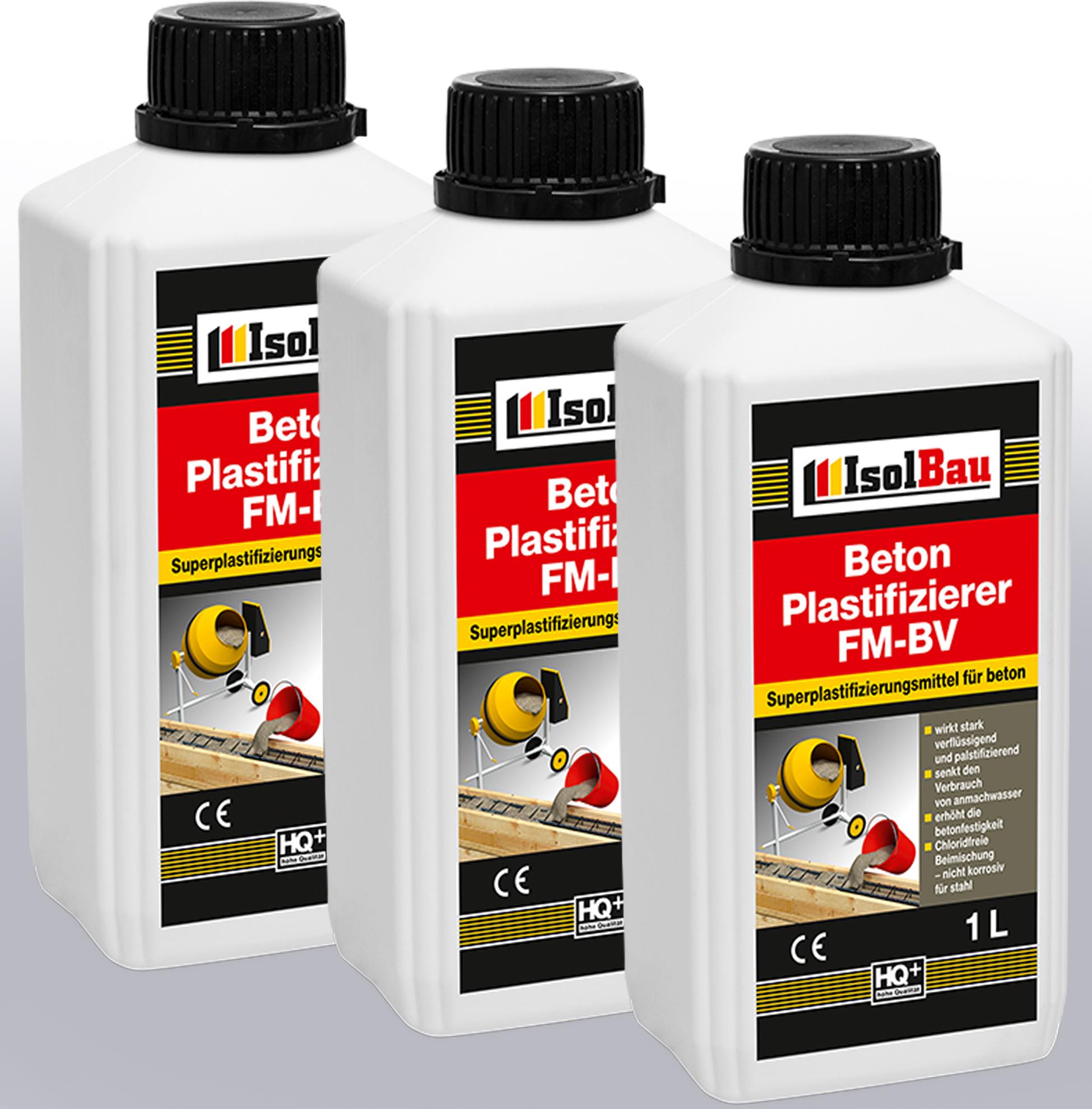 Isolbau Beton Plastifizierer FM-BV - 3 x 1 Liter, stark verflüssigend & plastifizierend – Betonverflüssiger Fliessmittel als Zusatzmittel für Estrich, Beton, Mörtel - Chlorfrei, keine Stahlkorrosion