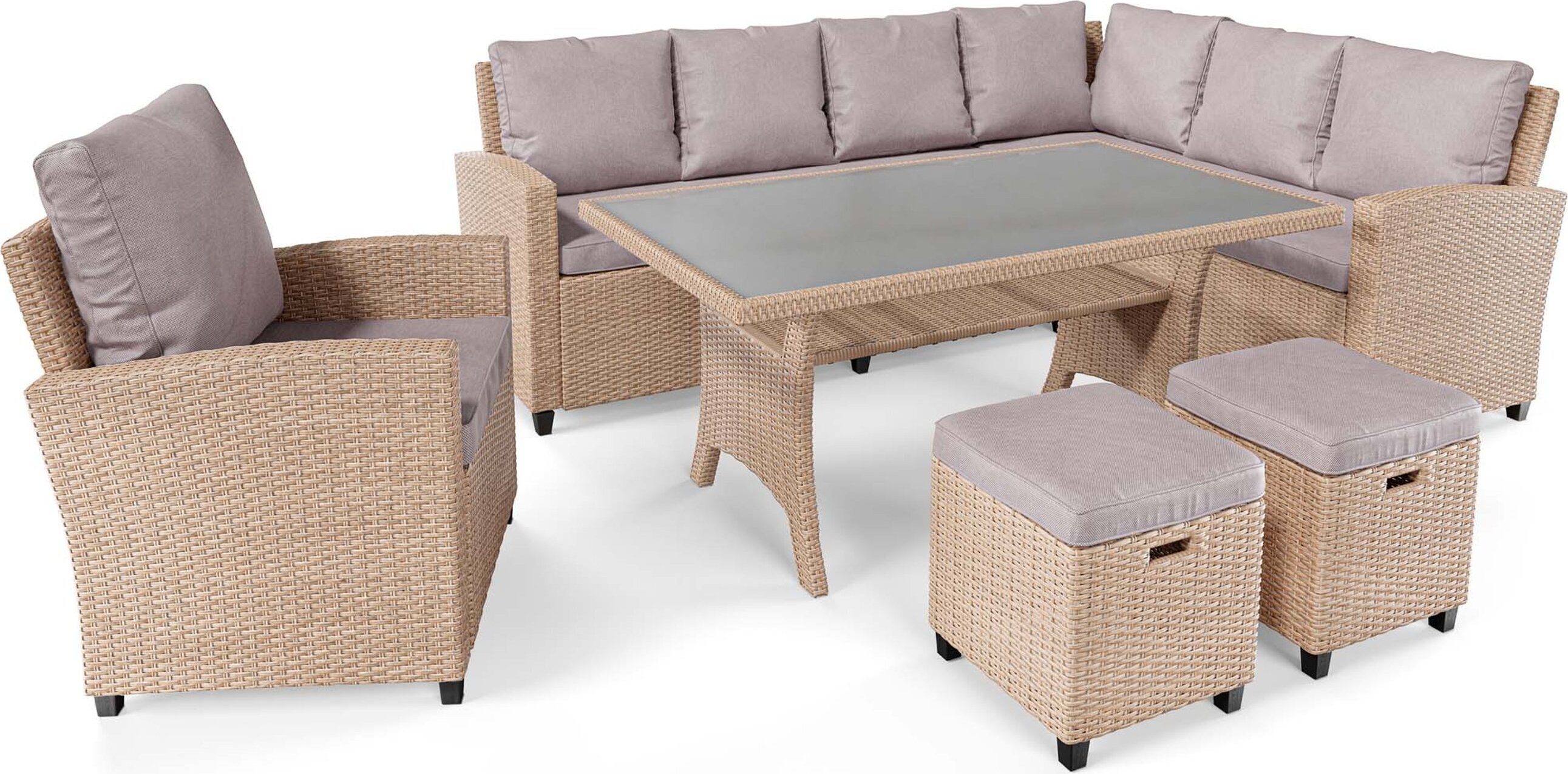 di volio polyratanová sedacia súprava ROSSANO - záhradný nábytok s rohovou pohovkou, stolom, kreslom a 2 taburetkami - nábytok do obývačky v ratanovom vzhľade