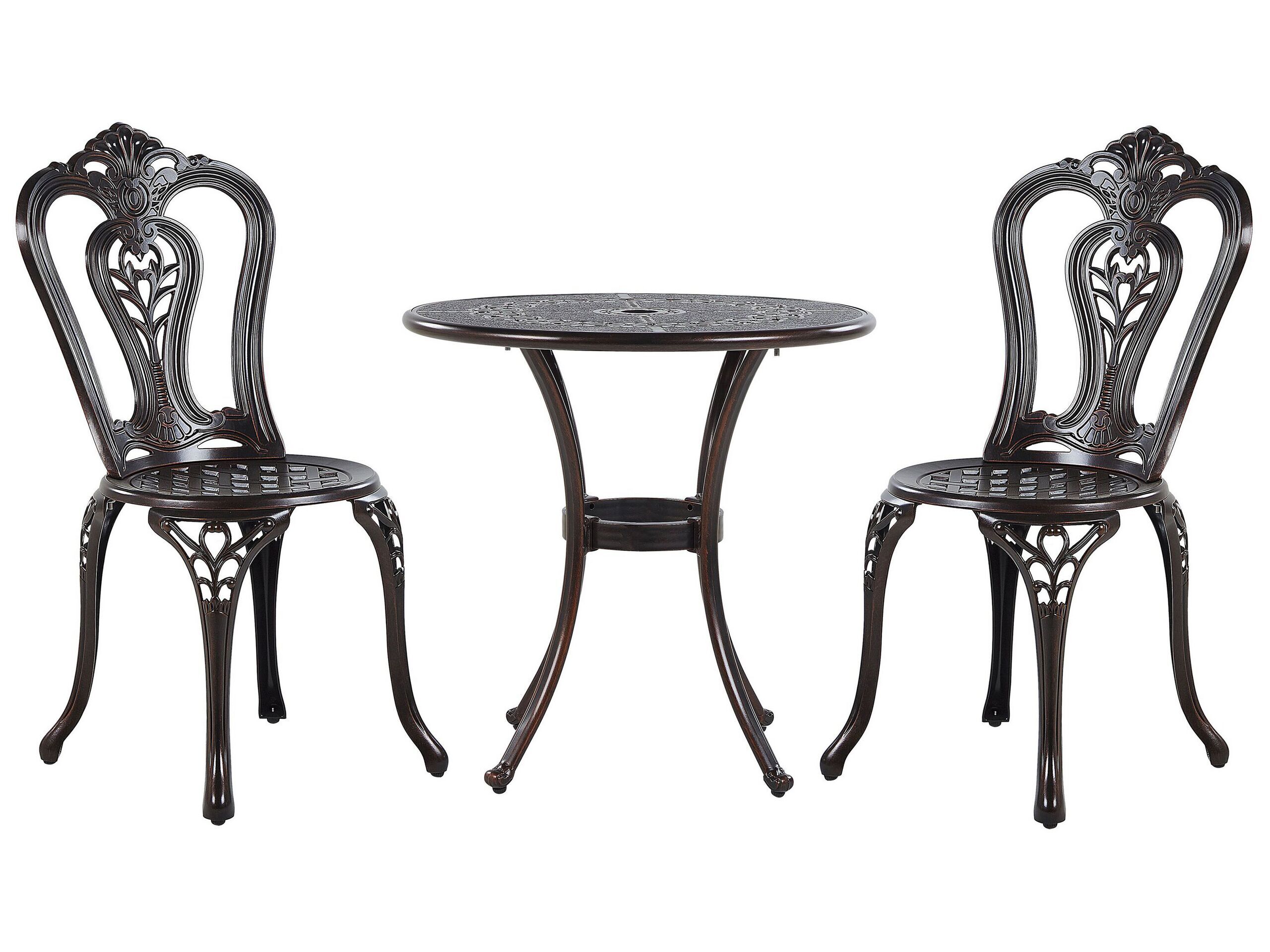 BELIANI Záhradná jedálenská súprava hnedá hliníková vonkajšie 2 stoličky a okrúhly stôl 65 cm vintage štýl