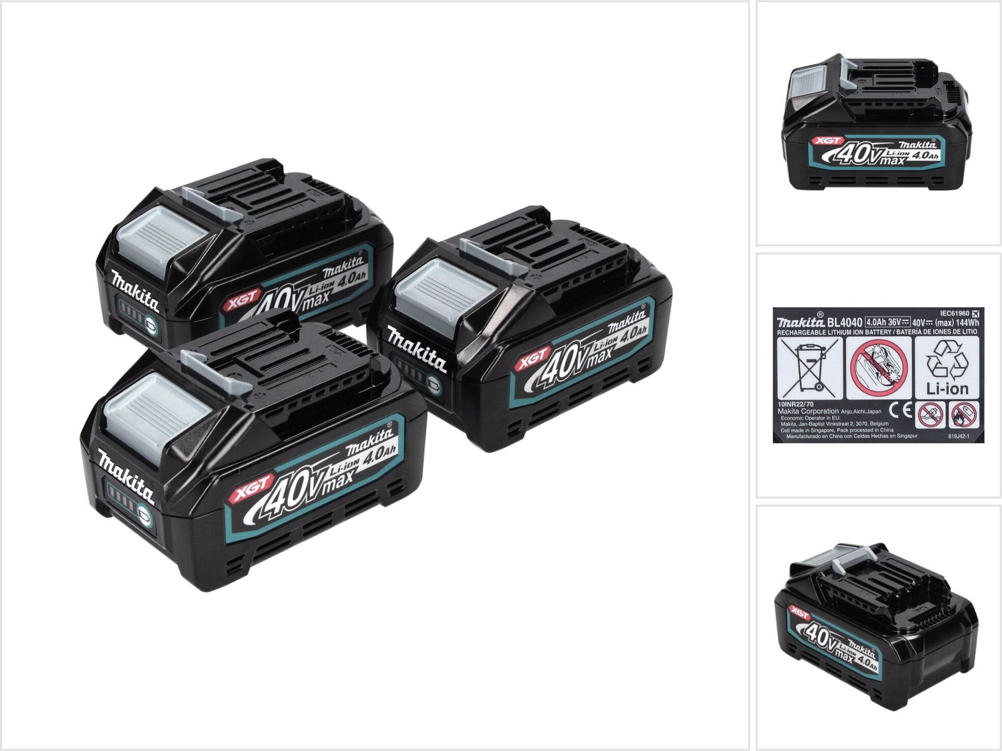 Makita Akku Set 3x BL 4040 40 V max. 4,0 Ah XGT Li-Ion Akku ( 3x 191B26-6 ) IP64 Schutzklasse mit LED Anzeige