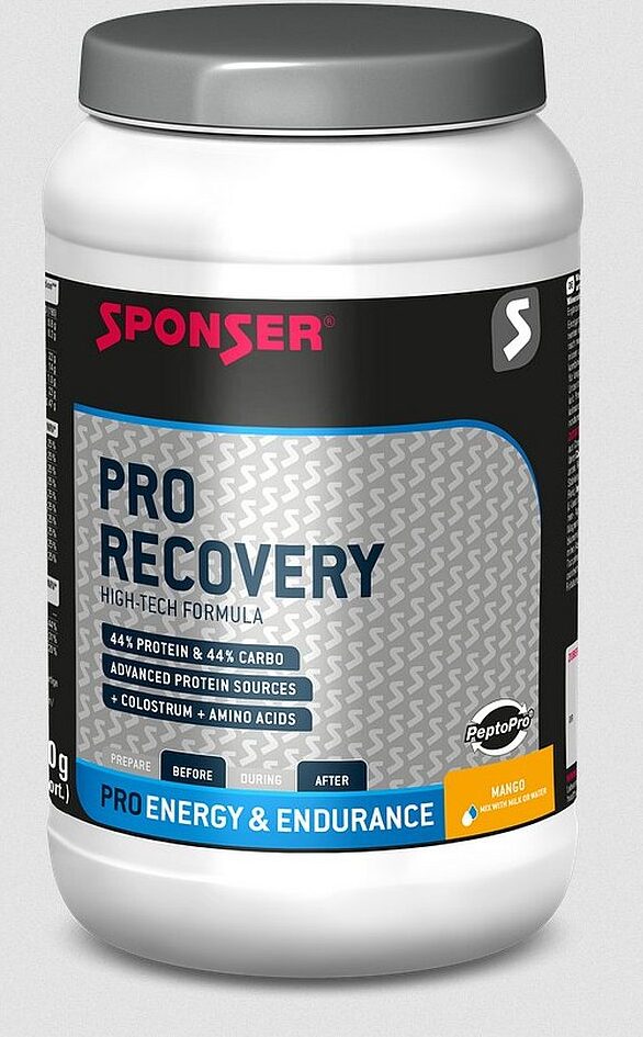 Sponser Sport Food Pro Recovery, Mango, Pulver, Kasein-Protein, Eiprotein, Molkenprotein isoliert, Vitamin B1, Vitamin B12, Vitamin B2, Vitamin B3 (niacin), Vitamin B5 (pantothenic acid), Vitamin..., Kalzium, Magnesium, 800 g 18157