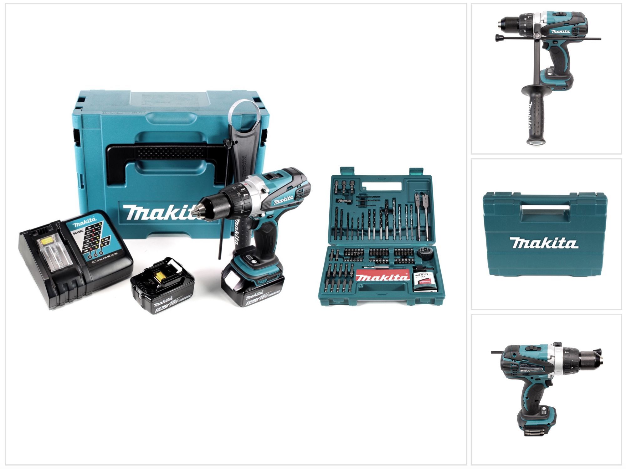Akumulátorová príklepová vŕtačka Makita DHP 458 RTJ 18V 91Nm v Makpac + 2x 5,0 Ah batéria + nabíjačka + 100-dielna sada vrtákov a bitov Makita