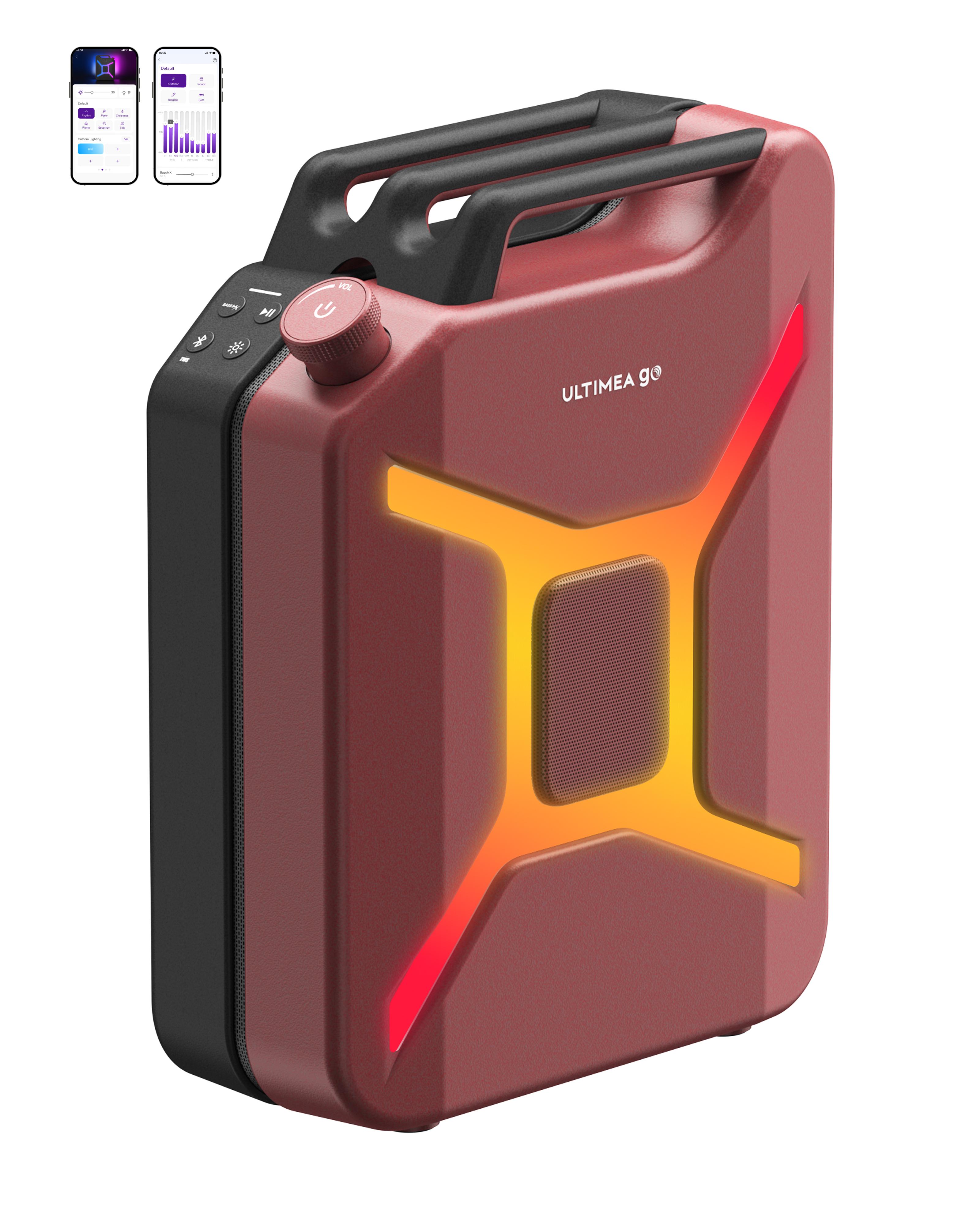 ULTIMEA Go tragbarer Party-Lautsprecher, 300 W Bluetooth PartyBox mit Bass-Boost, RGB-Beleuchtung, Mikrofon-/Gitarreneingang, Party & Outdoor, Rot