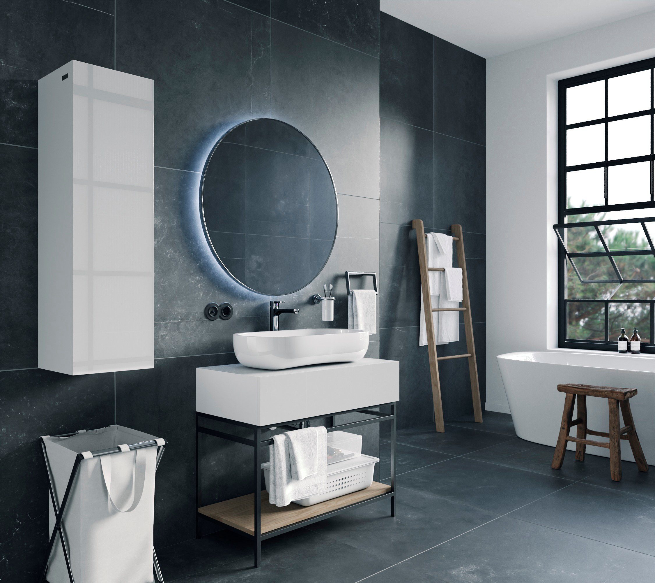 PLATAN ROOM Badezimmer Hängeschrank Badschrank 105 cm hoch Badhängeschrank  mit Fronten in Hochglanz und Push-to-Open Funktion