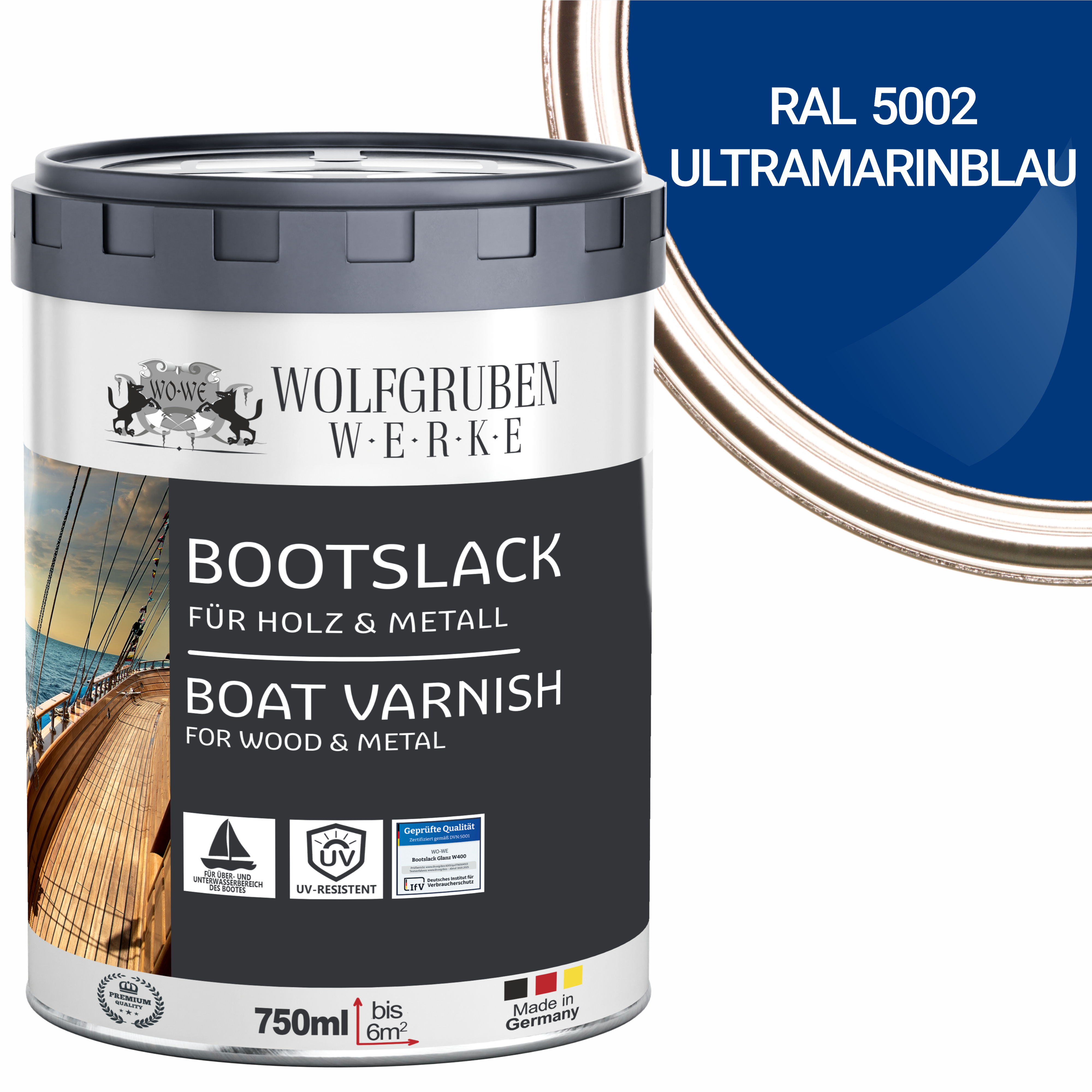 WO-WE Bootslack Parkettlack Schiffslack Holzlack Seidenglänzend für Holz Boot Schiff W400 Blau - 750ml W400 Glänzend