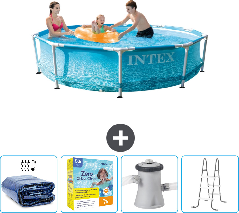 Bazén Intex s okrúhlym rámom - 305 x 76 cm - tlak vody - slnečná strieška v cene - balík na údržbu - filtračné čerpadlo pre bazén - rebrík