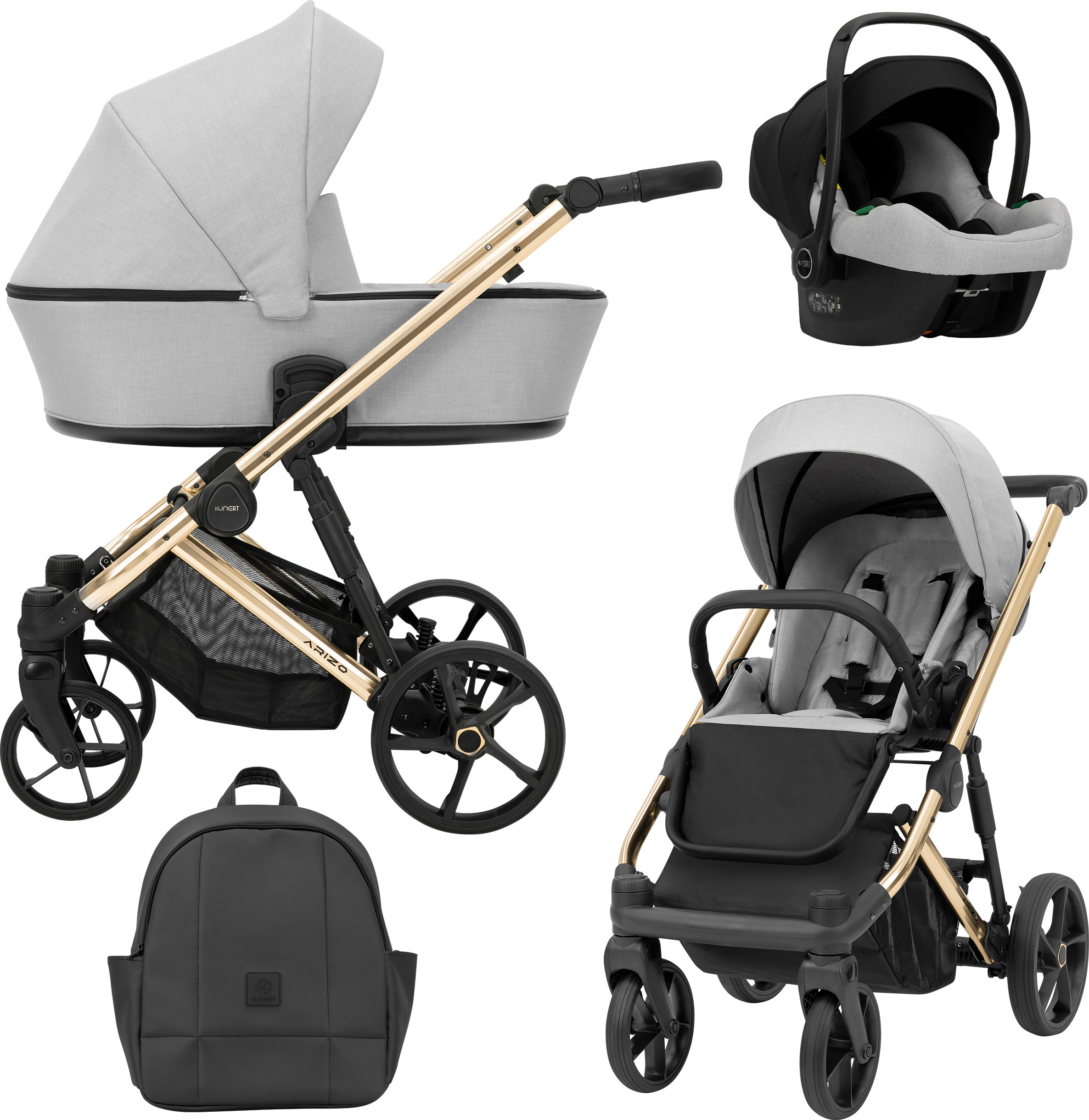 Kunert Kinderwagen ARIZO Sportwagen Babywagen Babyschale Komplettset Kinder Wagen Autositz Set 3 in 1 (Grey, Rahmenfarbe: Gold)