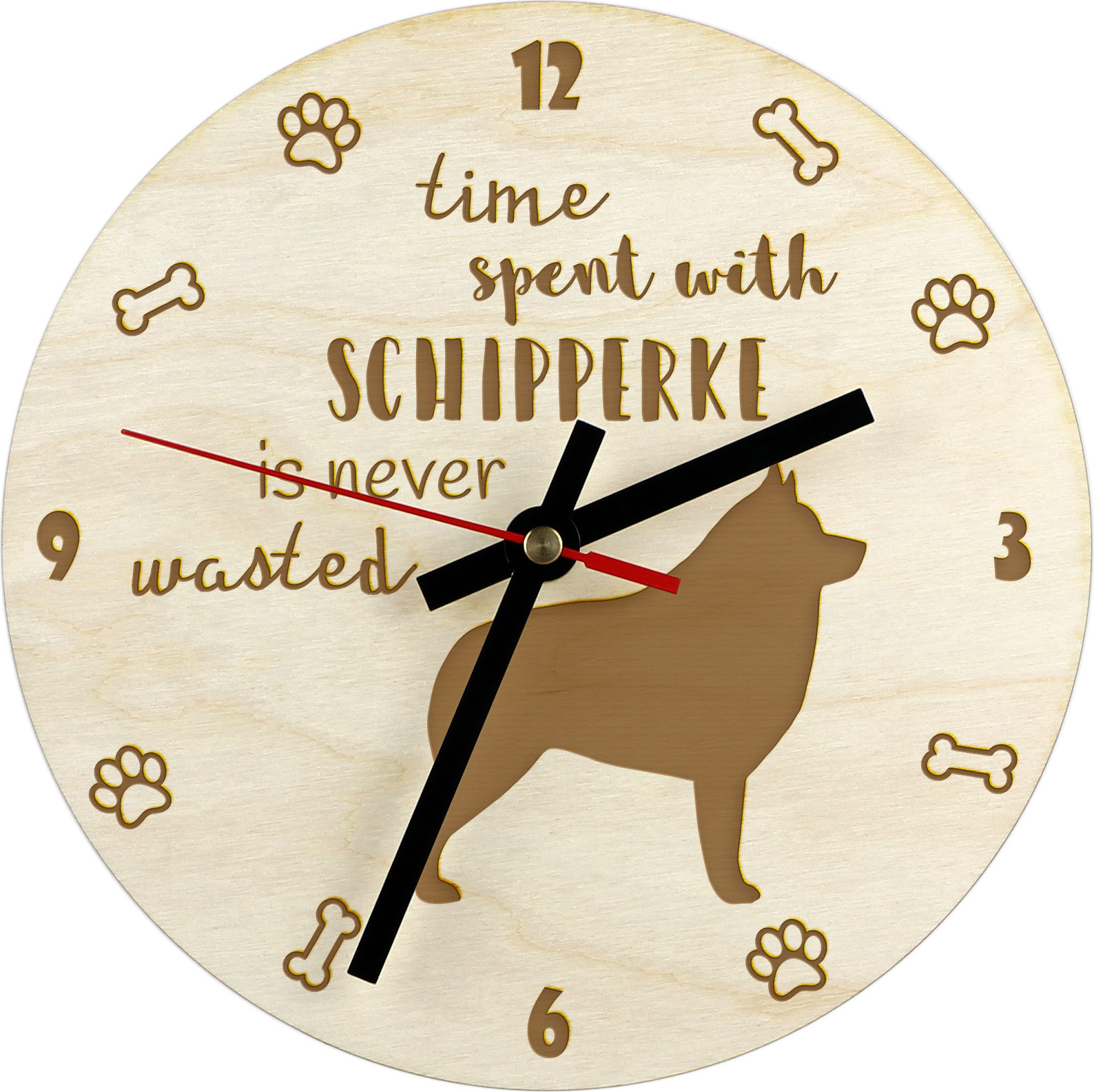 Schipperke - hodiny so psom, drevené hodiny s gravírovaním, personalizované hodiny od Art-Dog