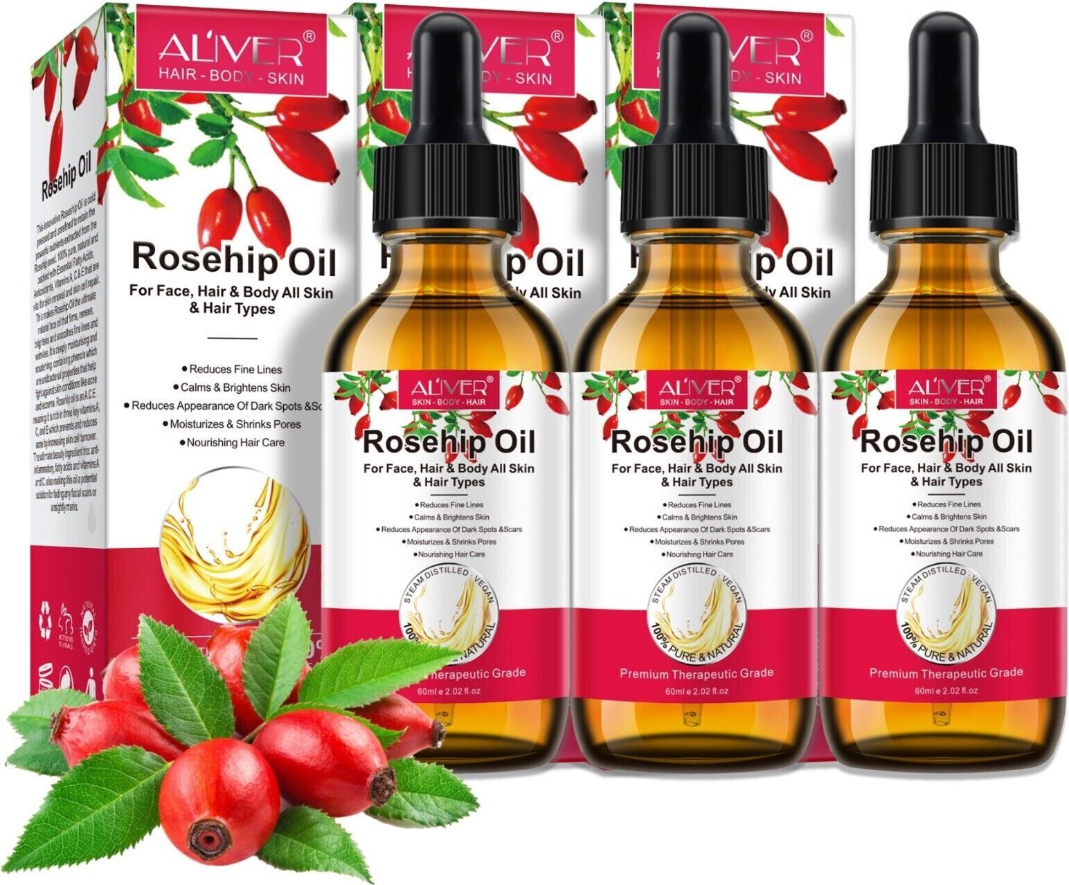 ALIVER Hagebuttenöl Hagebuttensamenöl Wildrosenöl Gesicht Haar Kaltgepresst Bio Vegan, 3x 60ml wi_126082941726_1