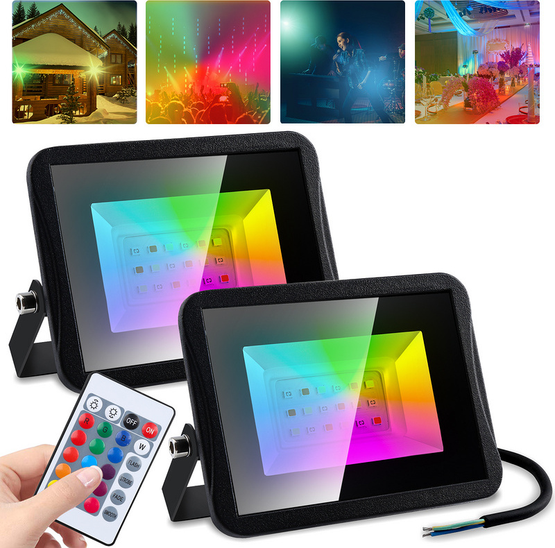 Fiqops 2er 30W RGB Fluter Strahler IP67 Outdoor Farbwechselhafte Scheinwerfer Außen RL-HG8420-2-DCa
