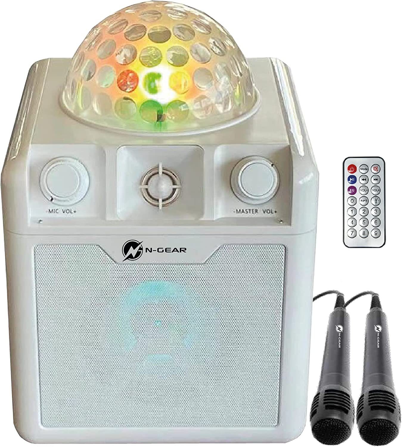 N-GEAR N-Gear DISCO410 Karaoke a párty reproduktor Bluetooth s disko guľou, mikrofónom a funkciou powerbanky, biely reproduktor Bluetooth (svetelné efekty, mikrofóny, DISCO guľa)