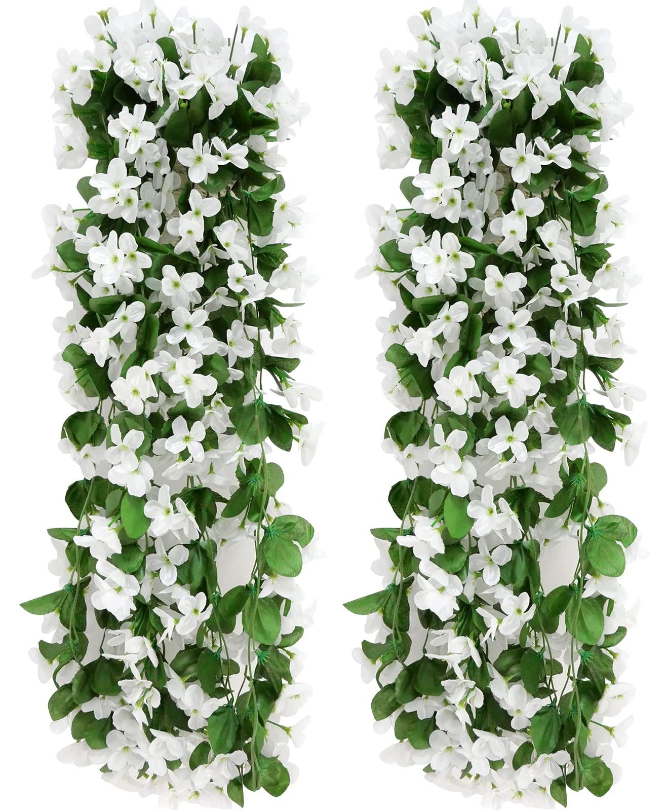 Markenlos Set mit 2 künstlichen Efeuzweigen, 70 cm lang, mit weißen, violetten und weißen Blüten, für Büro, Inneneinrichtung, Garten, Party, weiß