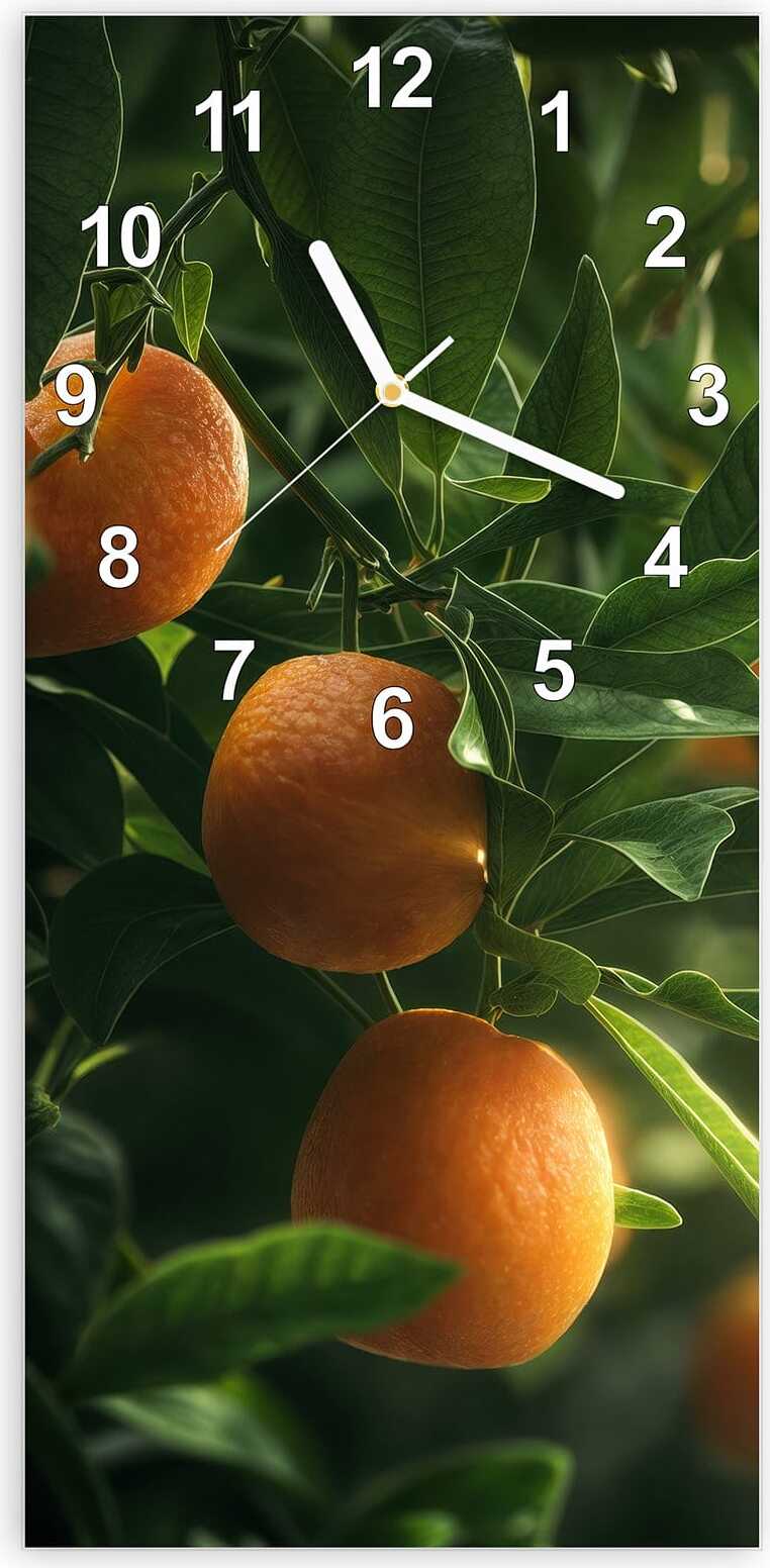 Primedeco Wanduhr aus Glas mit Motiv Orangenbaum Closeup- 30 x 60 cm - inkl. Aufhängesystem