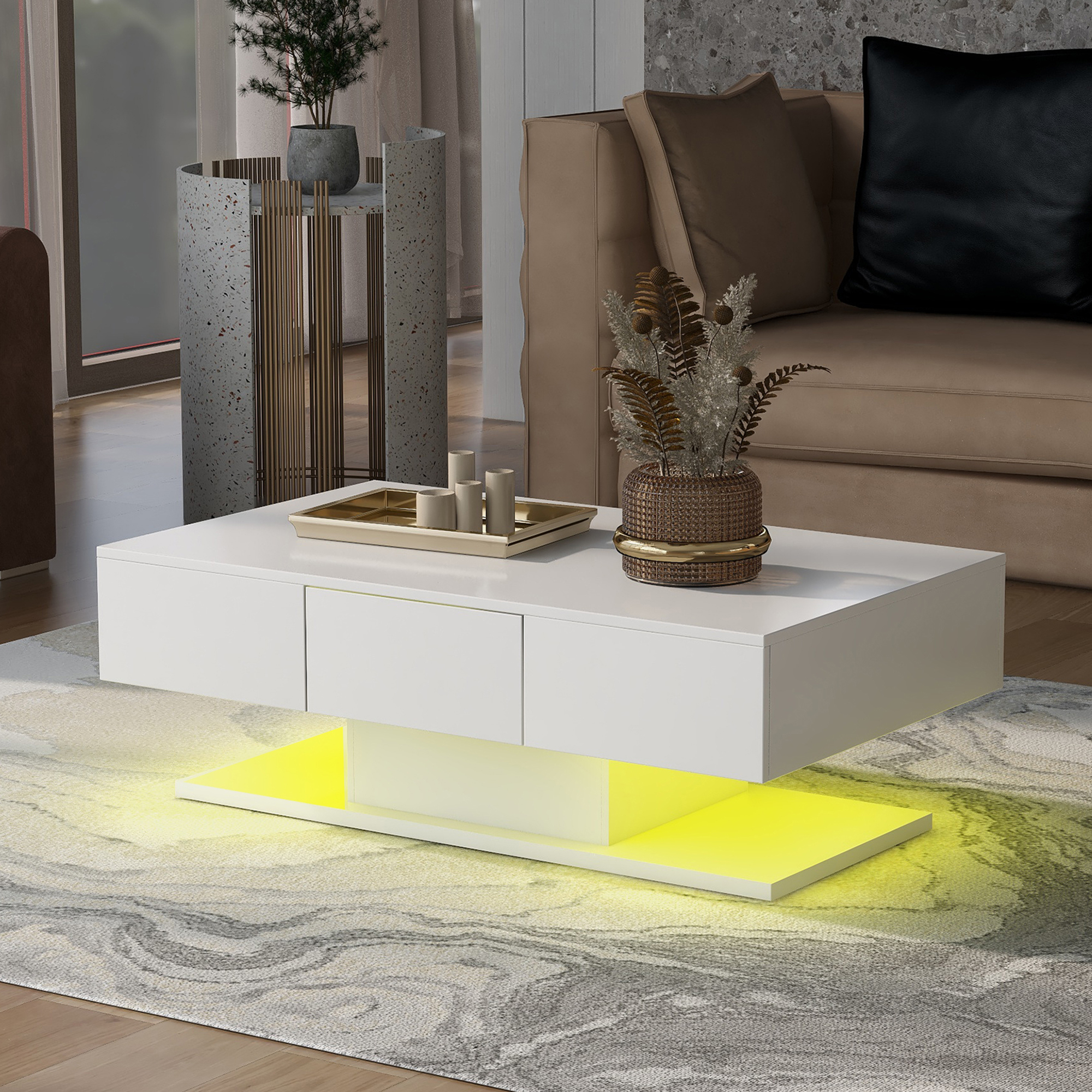 Merax Couchtisch mit LED-Beleuchtung und 2 Schubladen, Holz Beistelltisch mit hochglänzender Tischplatte, Wohnzimmertisch, 100x60x35 cm, Weiß 30458586WAA