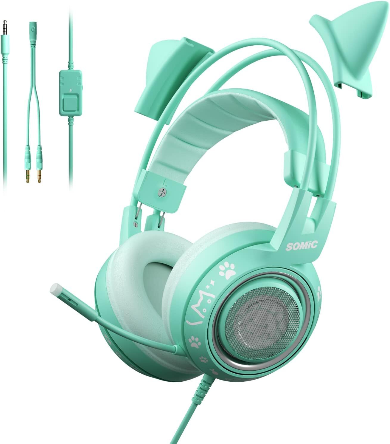 Somic QUALITÄTSLEISTUNG Gaming-Headset mit Mikrofon, Mädchen Frauen Rosa Katze Ohr-Kopfhörer mit 3,5-mm-Kabel für Xbox One, PS4, Smartphone