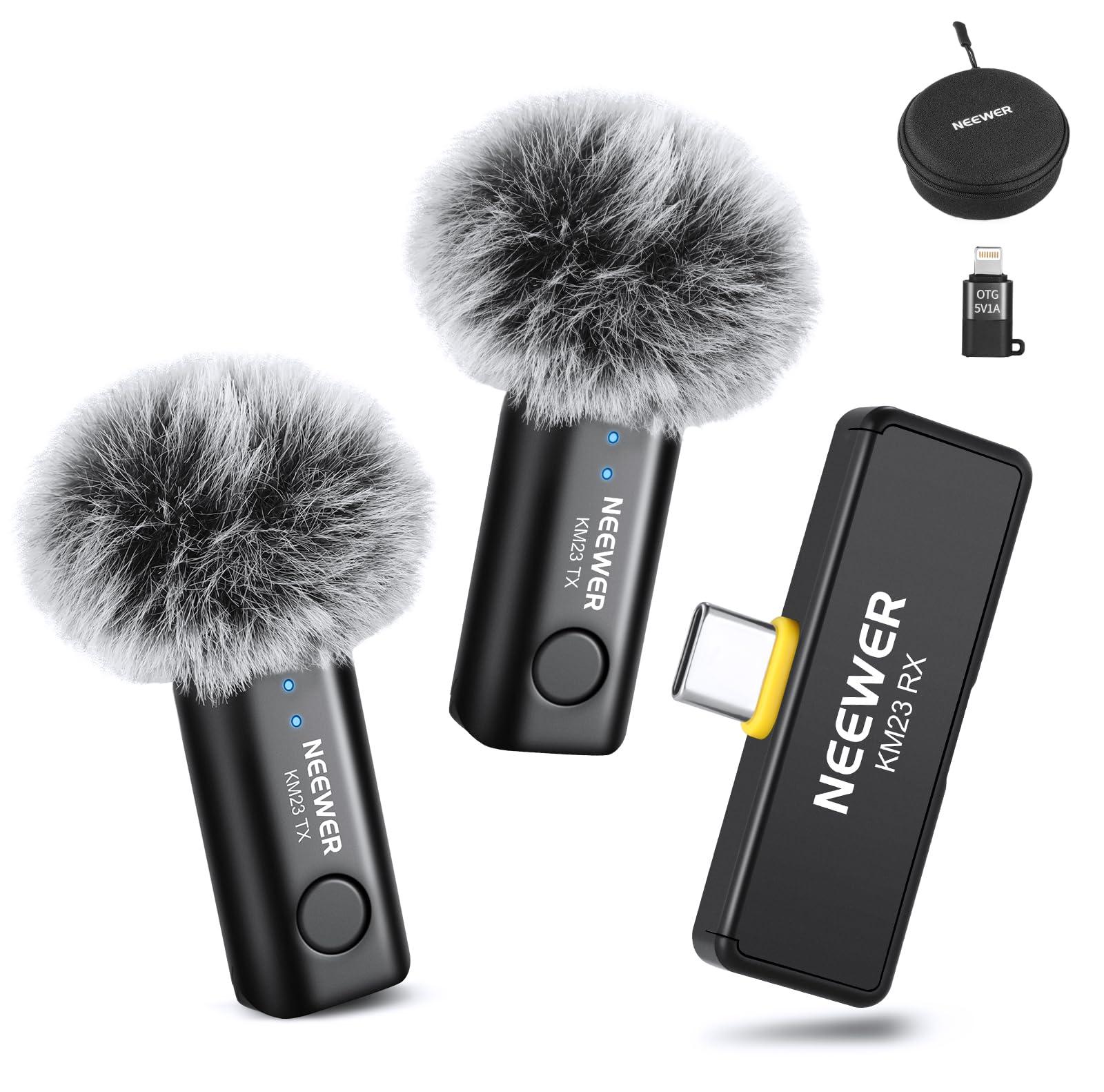 NEEWER Wireless Lavalier Mikrofonsystem, 1 x USB C Empfänger mit OTG Adapter 2 x