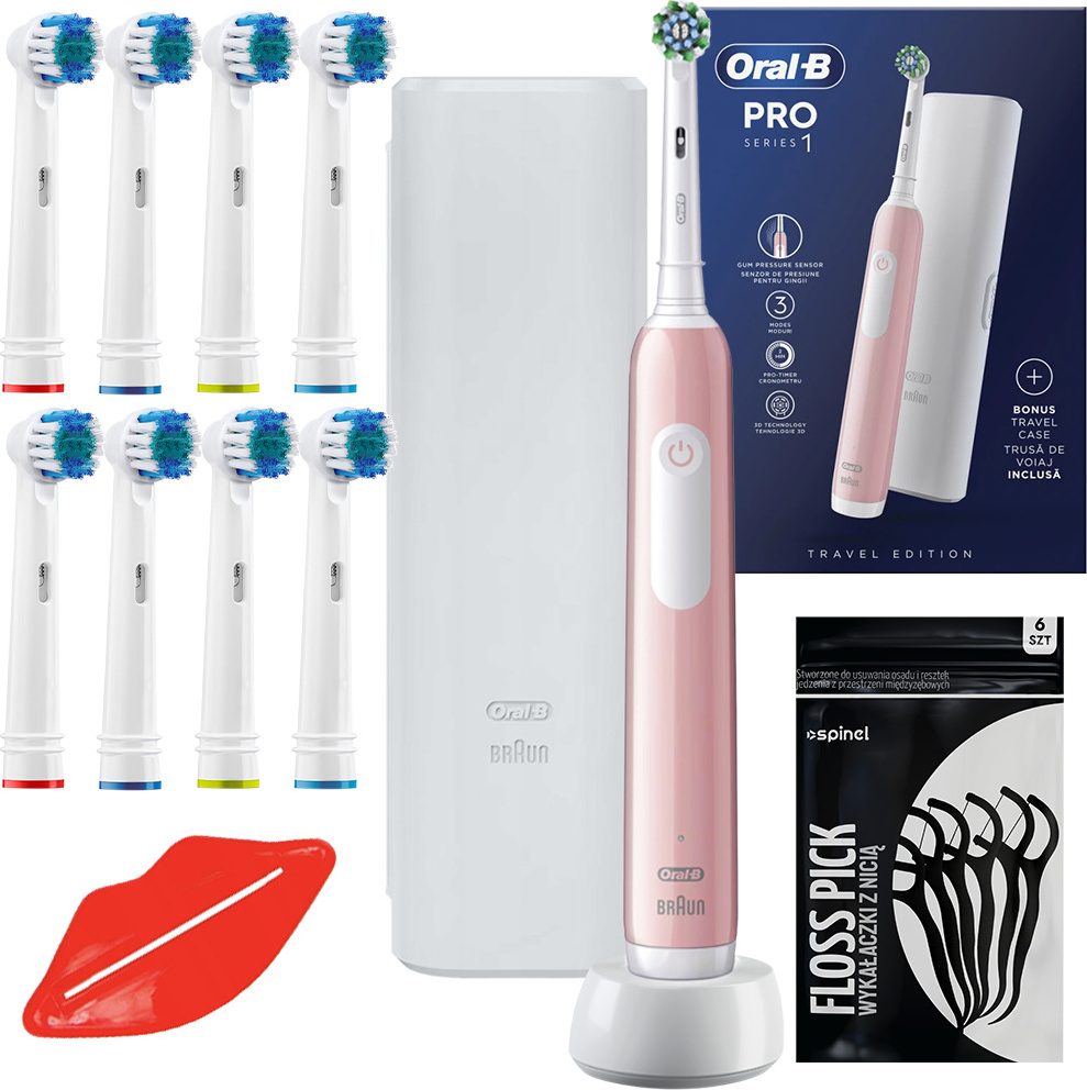 Elektrická zubná kefka Oral-B Oral-B Pro 1 elektrická zubná kefka ružová + 8 náhradných hlavíc na zubnú kefku + biele puzdro