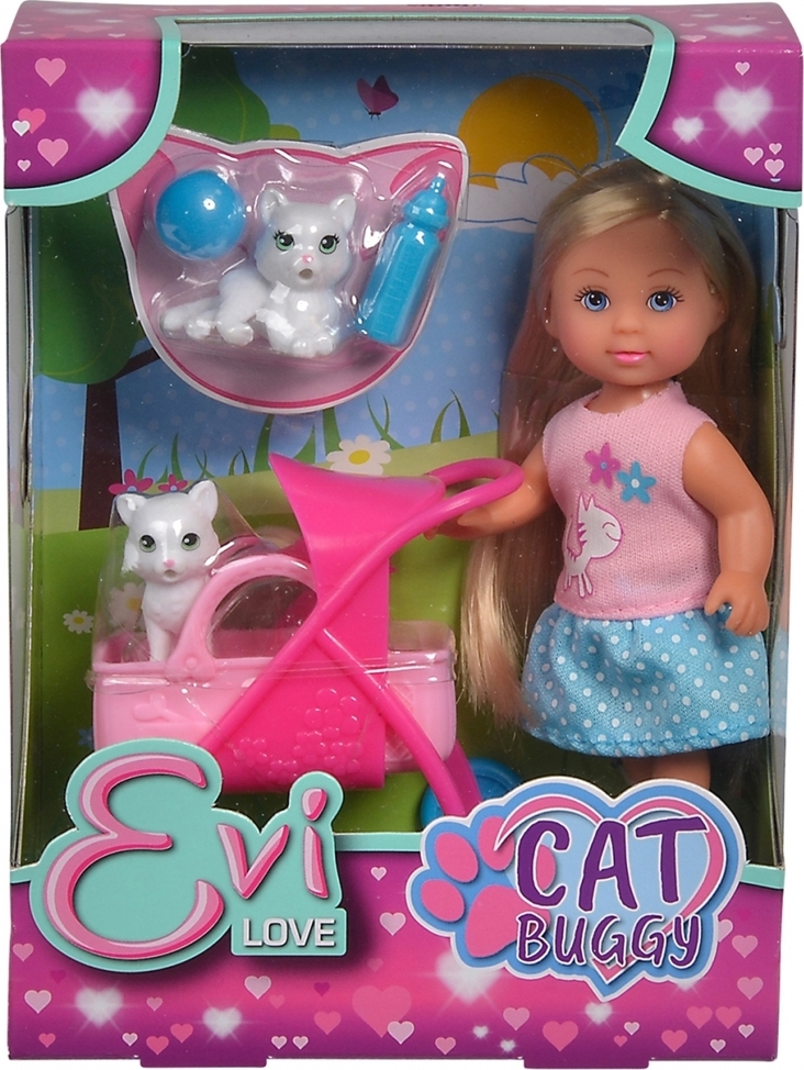 Simba 105733348 - Evi Love Cat Buggy, mit zwei Katzen im Katzenbuggy, herausnehmbare Tasche, Zubehör, Ankleidepuppe, 12cm, für Kinder ab 3 Jahren, Weiß