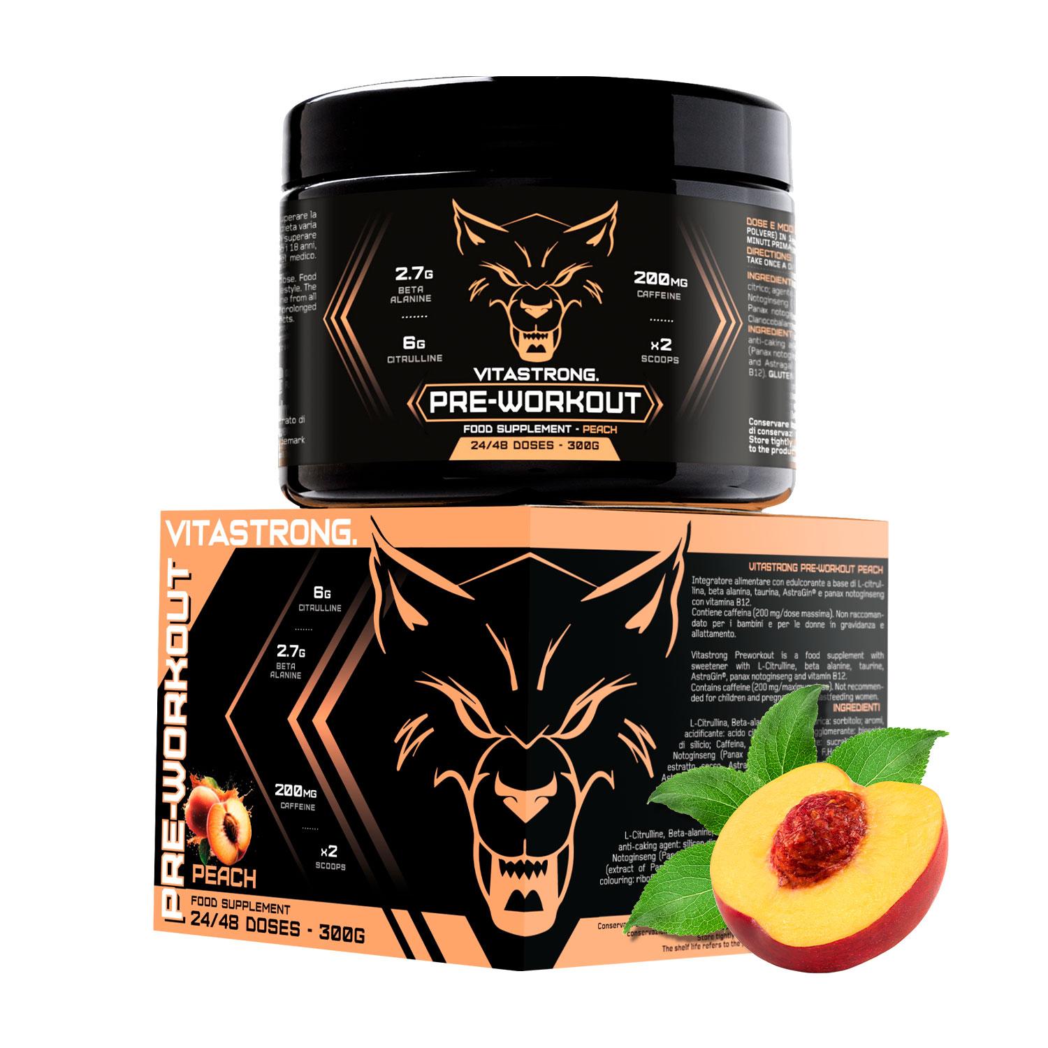 Pre Workout Booster mit Koffein 300g, Vegan Preworkout mit Vitamin B12, Citrullin, Beta-Alanin, Koffein Pulver, Taurin Pulver, AstraGin, Vitastrong Pre Workout (24 Portionen (1er-Packung), Peach)