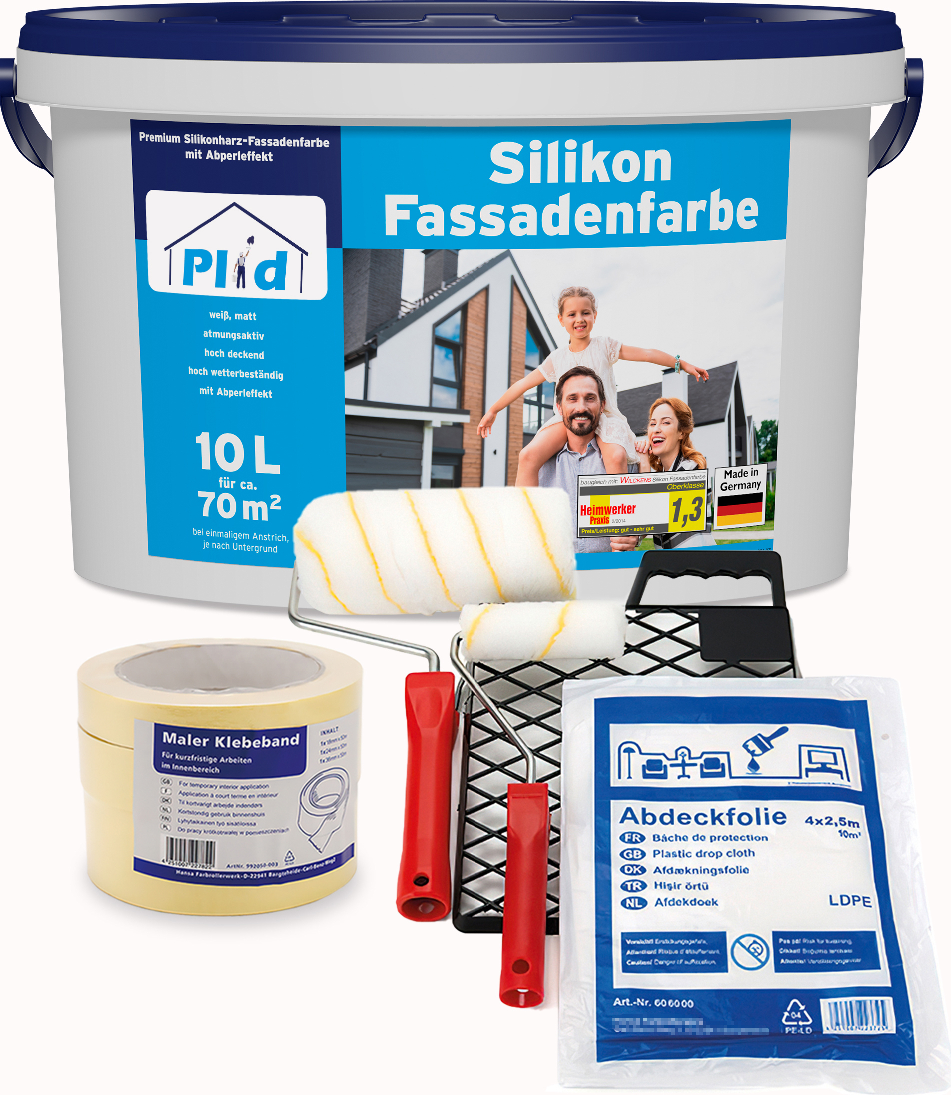 Plid Silikon Fassadenfarbe Weiß 10l für ca. 70m² / Aussenfarbe + Anstreichset