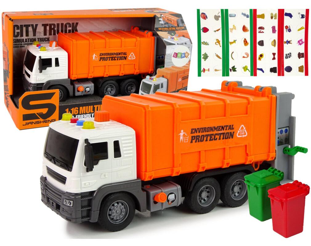 Leantoys Müllwagen Reibungsantrieb Soundeffekte Orange 1:16 Segregation