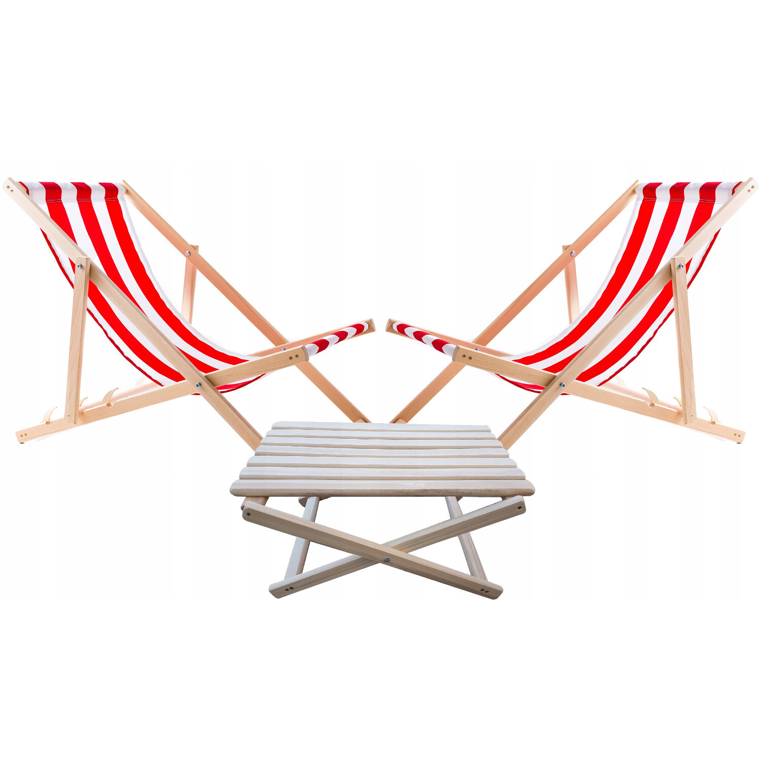 WOODOK Set 2x Liegestühlen mit Couchtisch Tisch rot gestreift aus Holz