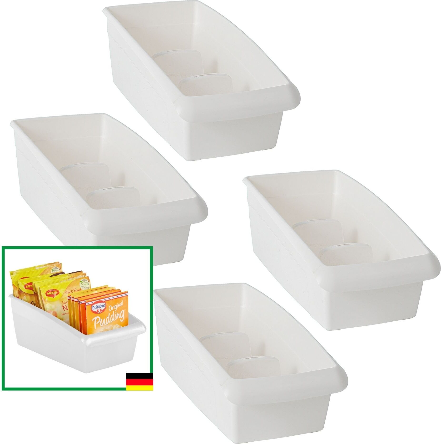 AMP GmbH Novaliv Suppentütenbox 4er Sparset Schubladen Organizer Küche - 25 x 12 cm WEISS Gewürzaufbewahrung Box - Ordnungssystem für Schubladen - Aufbewahrung & Organisation für Dressing & Backzutaten