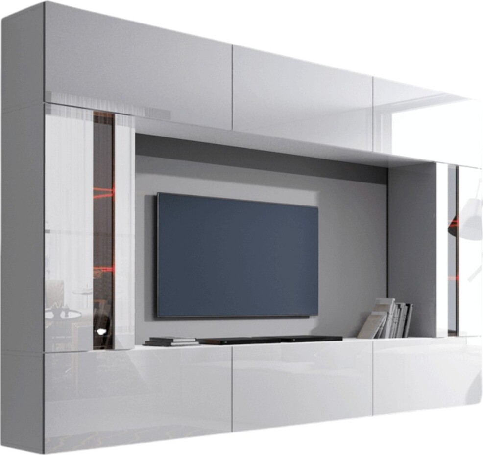 Meublorama Wohnzimmermöbelset in Weiß, hängend, Kollektion CEPTO XXVIII. 249 cm, 8 Möbelstücke, LED, modulierbar.