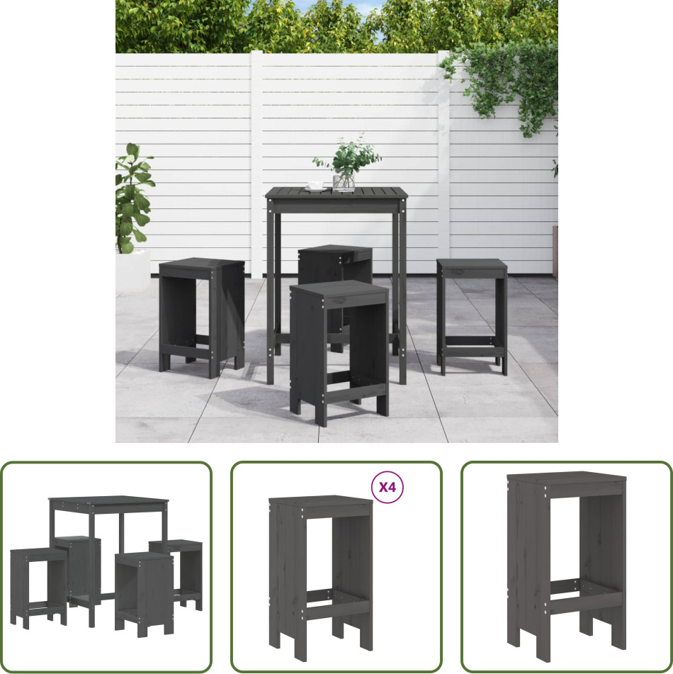 The Living Store 5-dielny záhradný barový set sivý z masívneho borovicového dreva