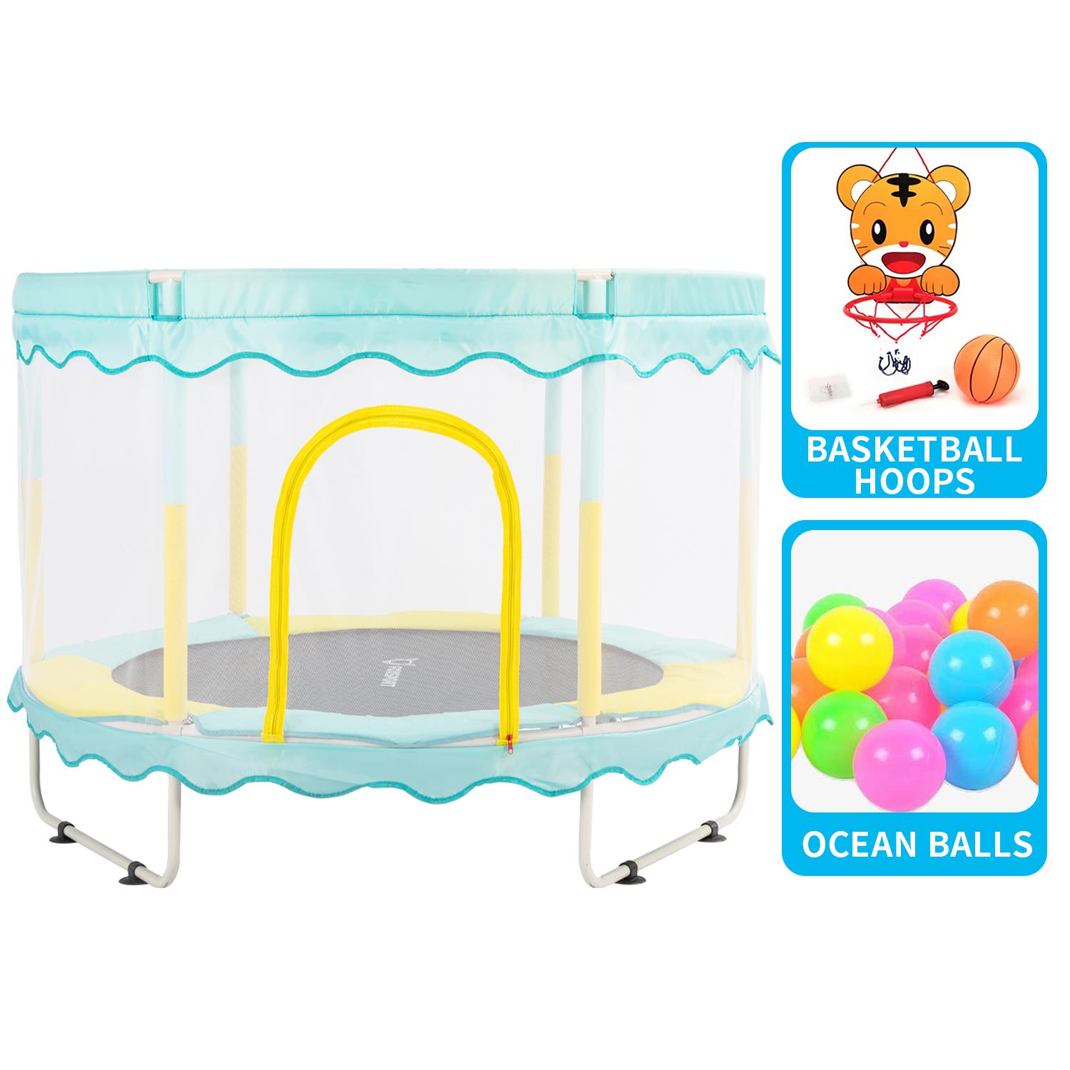 OFMOTRA FOXSPORT Kinder Trampolin Ø 150 cm - mit Sicherheitsnetz, Randabdeckung - Gartentrampolin - Outdoor/Indoor Spielzeug- Blau