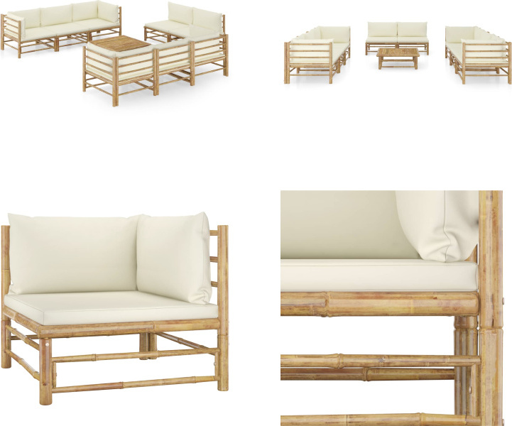 vidaXL 9-dielna záhradná súprava s krémovo bielymi vankúšmi bambus - Záhradná súprava na ležanie - Záhradné súpravy na ležanie - Záhradný nábytok - Súprava záhradného nábytku