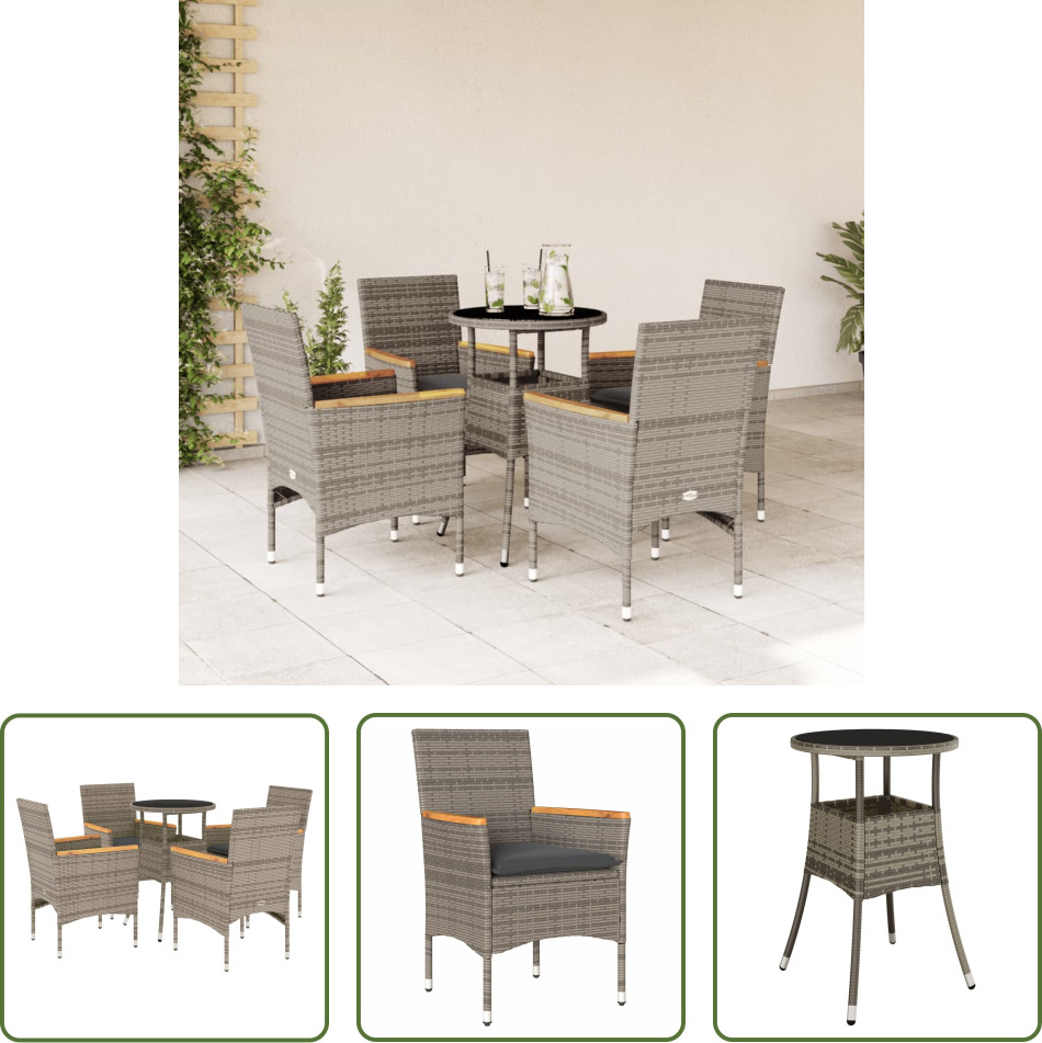 The Living Store 5-dielny záhradný jedálenský set s vankúšmi sivý polyratan a sklo