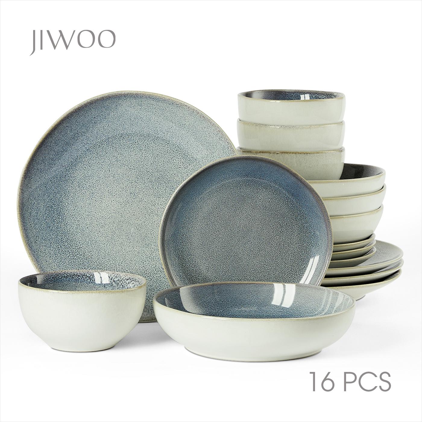 Jiangxi Jarwah Industrial CO., Ltd Geschirrset 16tlg, Kombiservice Porzellan, Tafelservice mit Essteller, Suppenteller, Müslischüssel 4 personen, Reaktive-Glasur, Mikrowellenherd