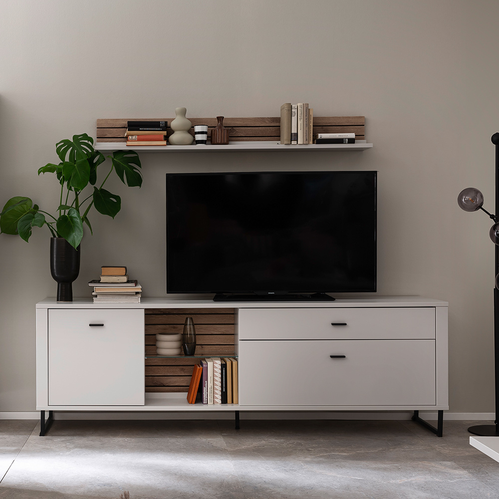 Lomadox Wohnwand weiß mit Eiche-Lamellen LAUREANA-05 2-teilig LA05-LAUREANA-05-SET29