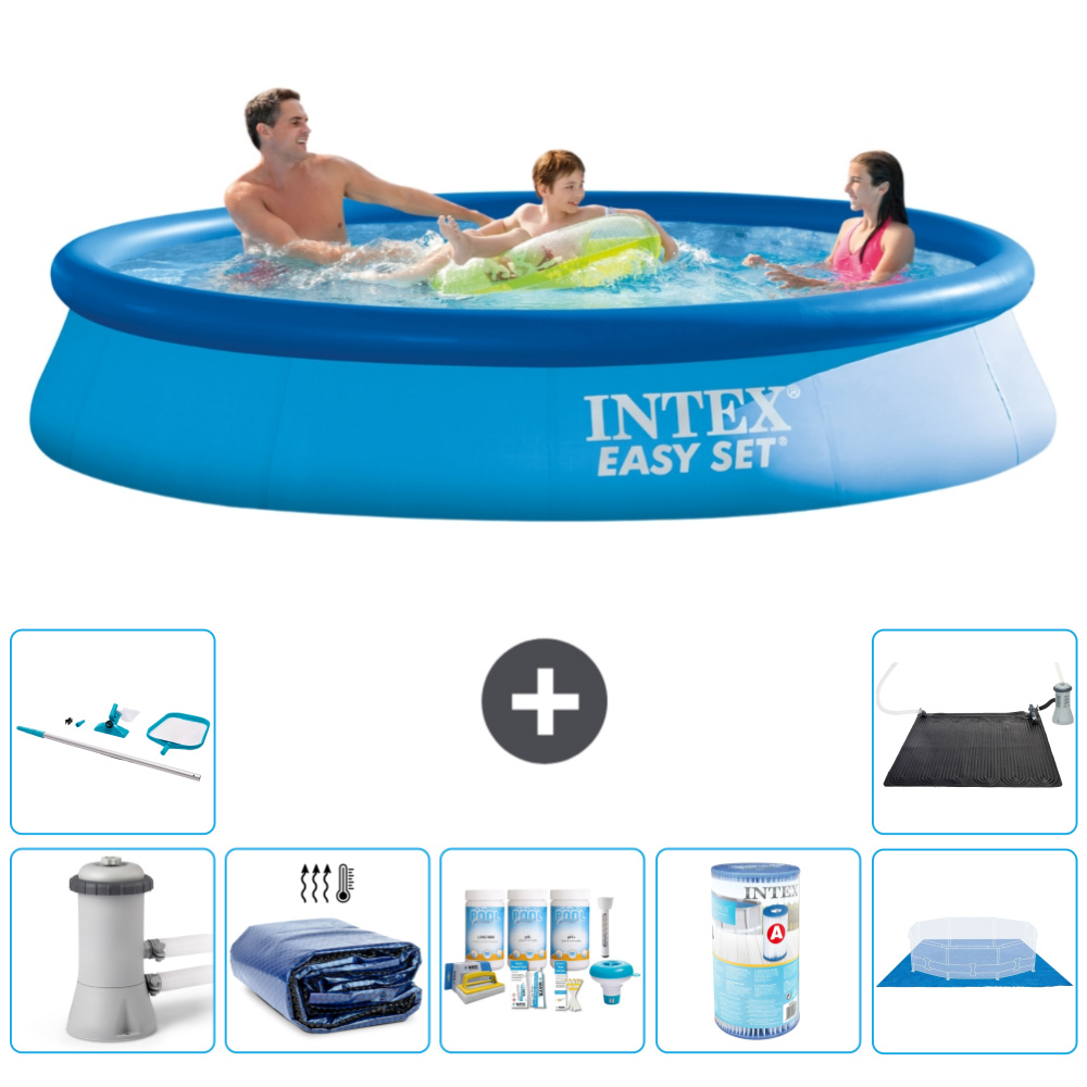 Intex okrúhly nafukovací bazén Easy Set - 366 x 76 cm - modrý - vrátane markízy s čerpadlom - balík na údržbu - filter - podložka - čistiaca súprava - solárna podložka