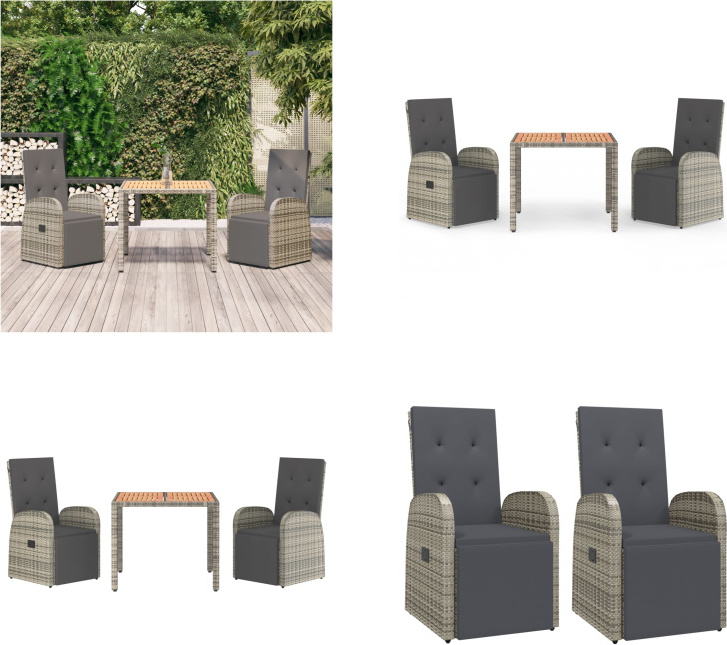 vidaXL 3 tlg. Garten Essgruppe mit Kissen Grau Poly Rattan - Garten Essgruppe - Garten Essgruppen - Essgruppe - Essgruppe Terrasse